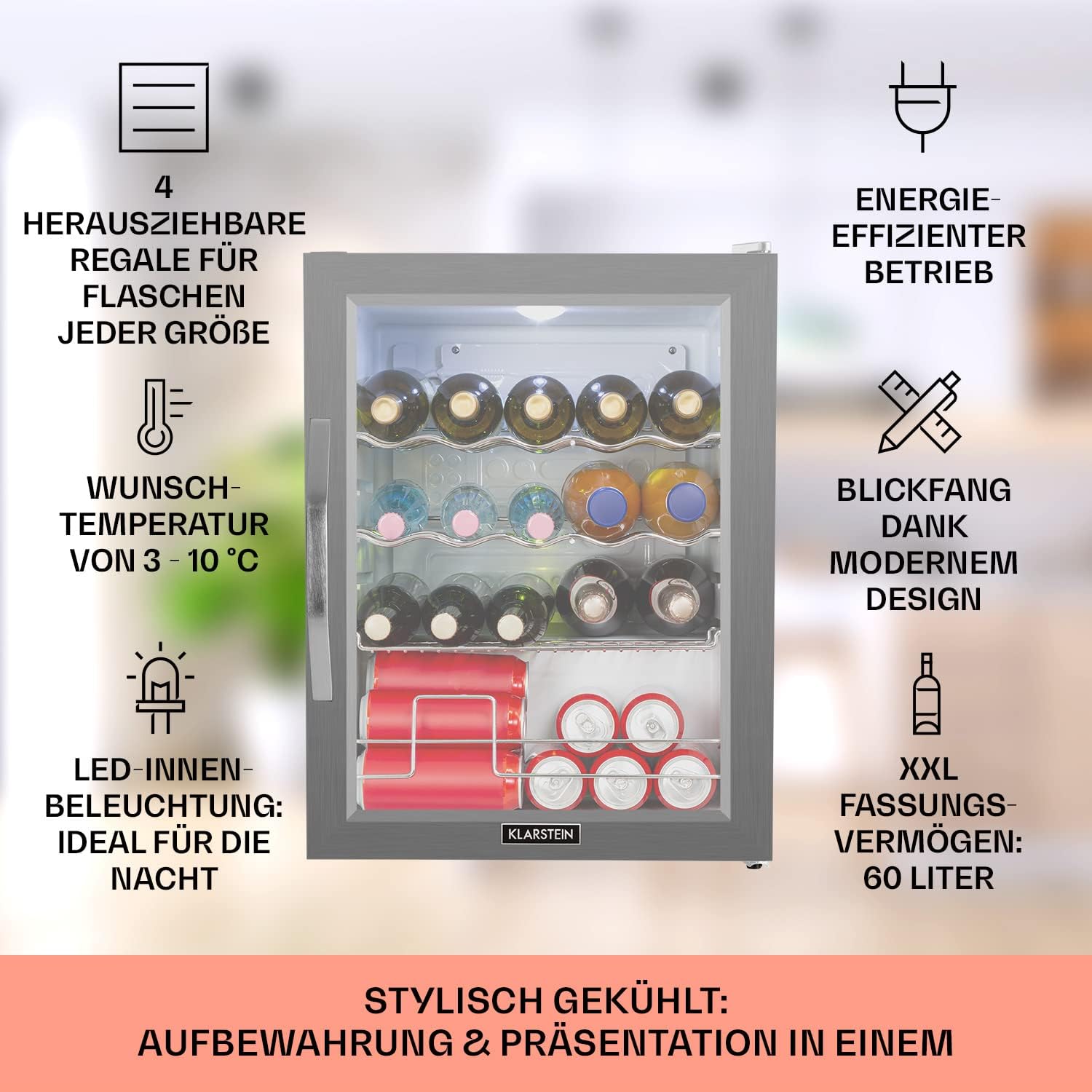 Klarstein Mini Koelkast met Glazen Deur voor Kamer, Drankenkoelkast met Verstelbare Planken, Klein 80 Liter, Indoor/Outdoor Koelkast Stil