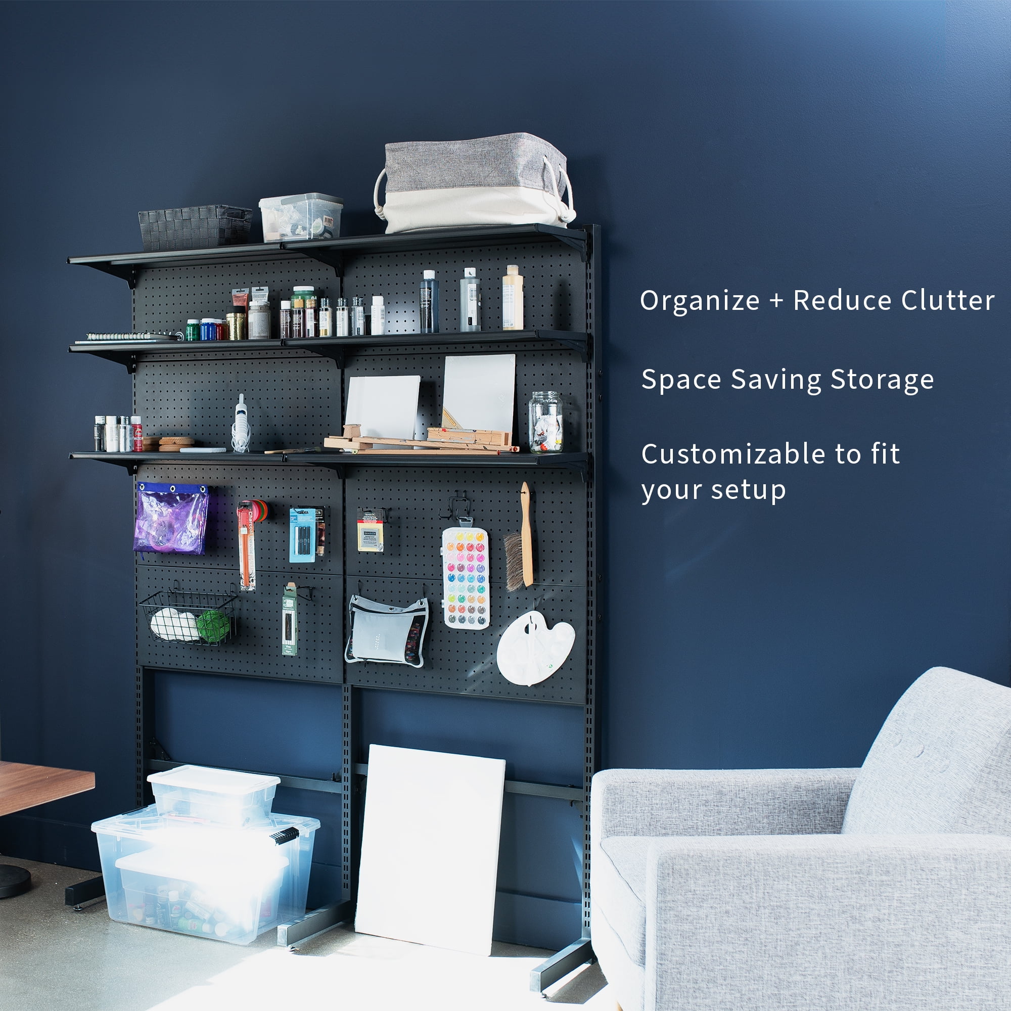 Black Freestanding Modular Pegboard System with 3 Tier Organization Image 3