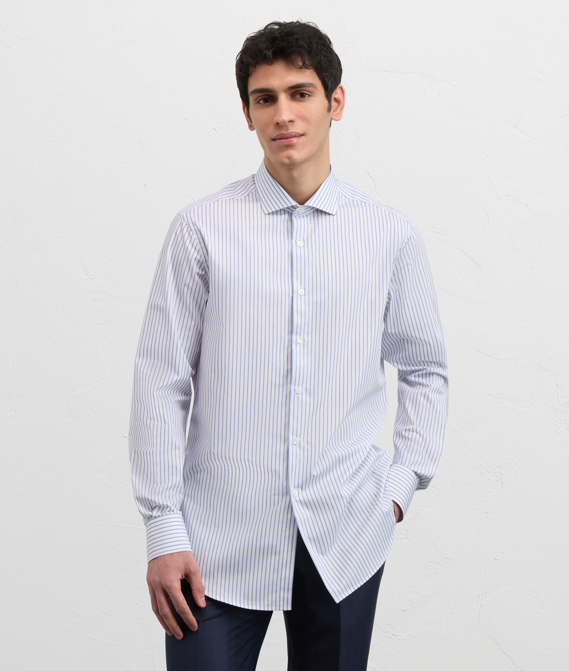 BLUE COTTON MICROSTRUCTURE SHIRT WITH SMALL TORINO COLLAR AND STANDARD CUFF