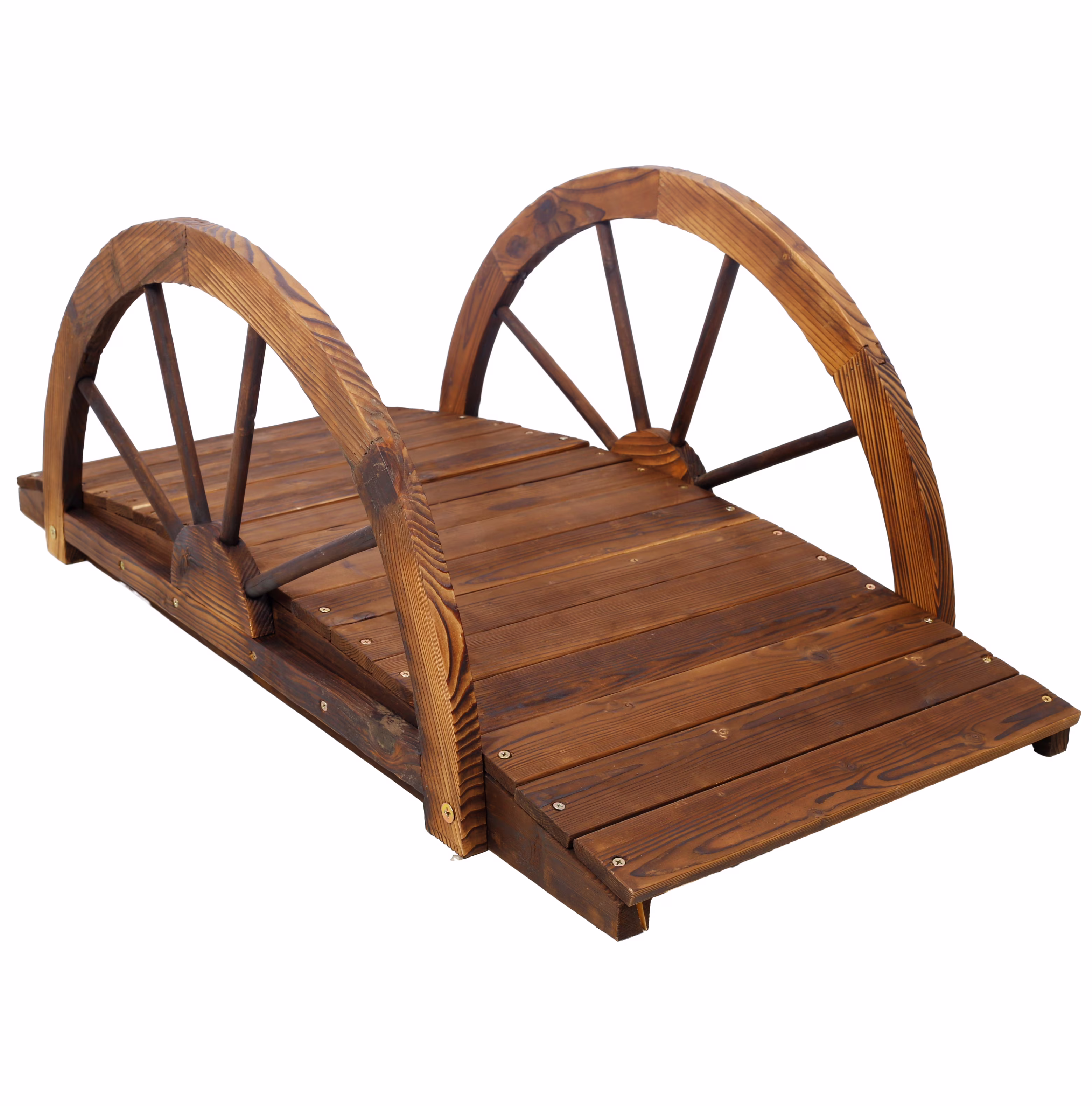 3.3ft Wooden Garden Bridge Arc Footbridge with Half-Wheel Style Railings & Solid Fir Construction, Stained Wood