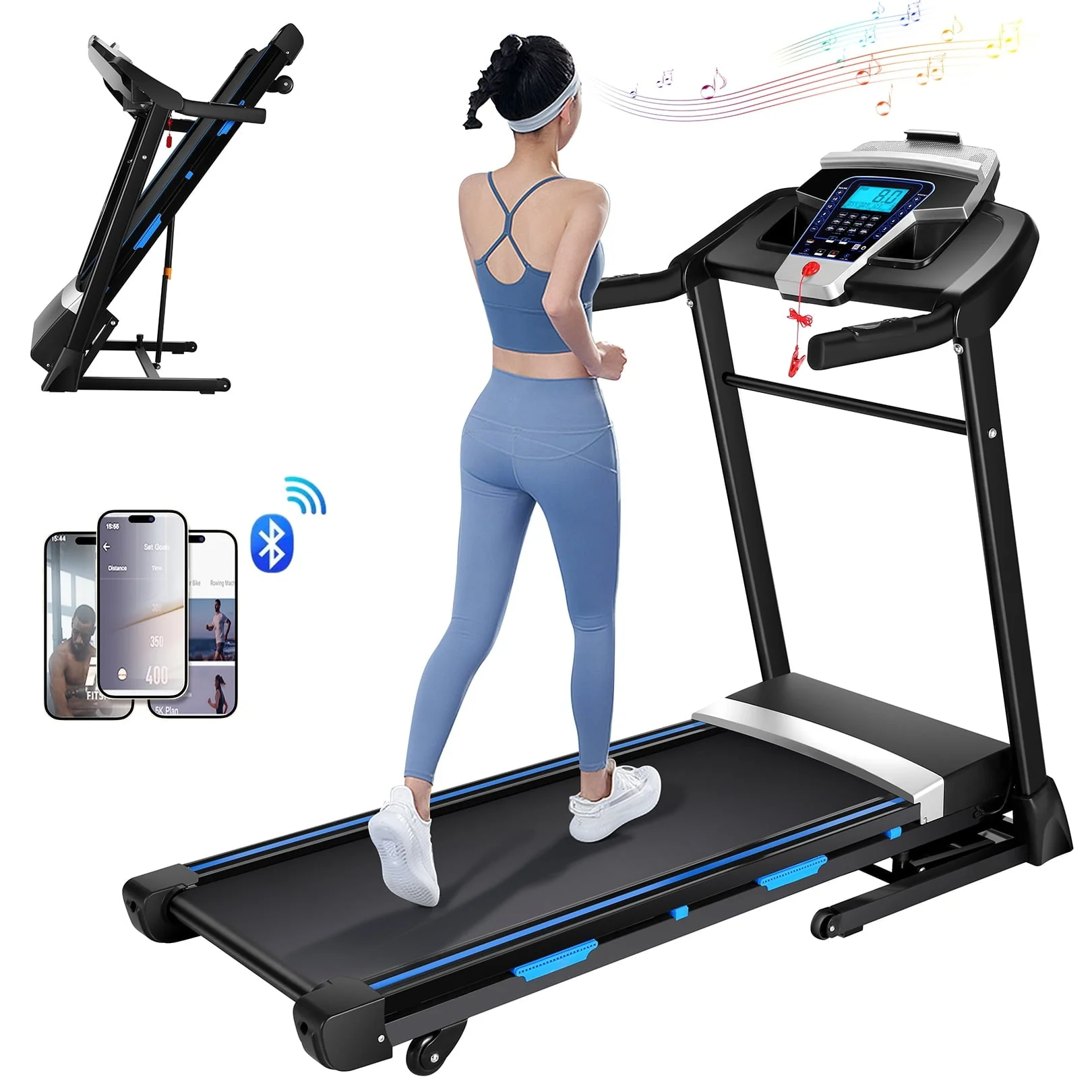 Folding Treadmill with 15% Auto Incline 9 0 mph Speed 12 Preset Program, Strong 3 25HP Motor Running Machine for Cardio Fitness, Black 300lbs