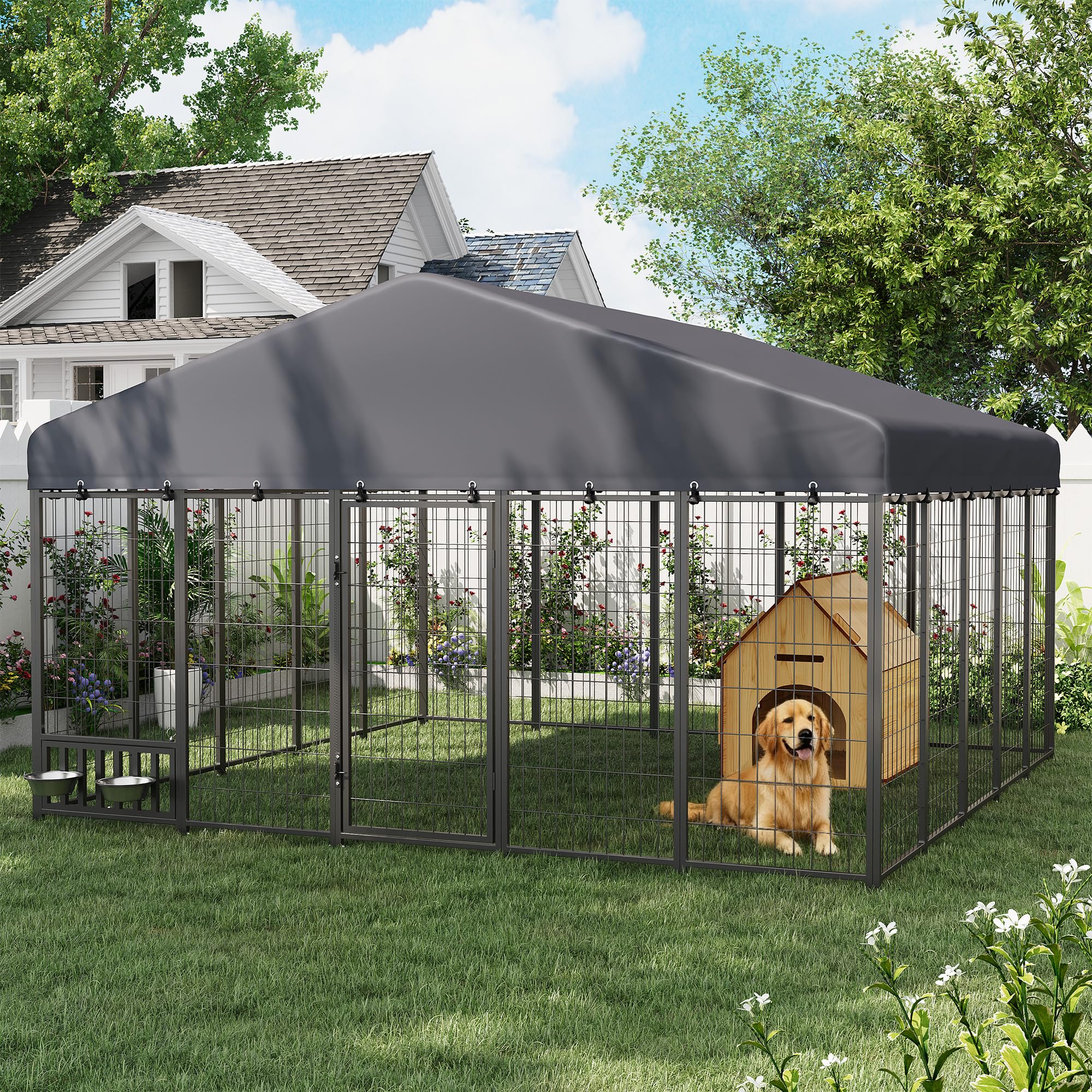 AECOJOY Heavy Duty Outdoor Dog Kennel, 10x10 Steel Chain Link Fence with Roof