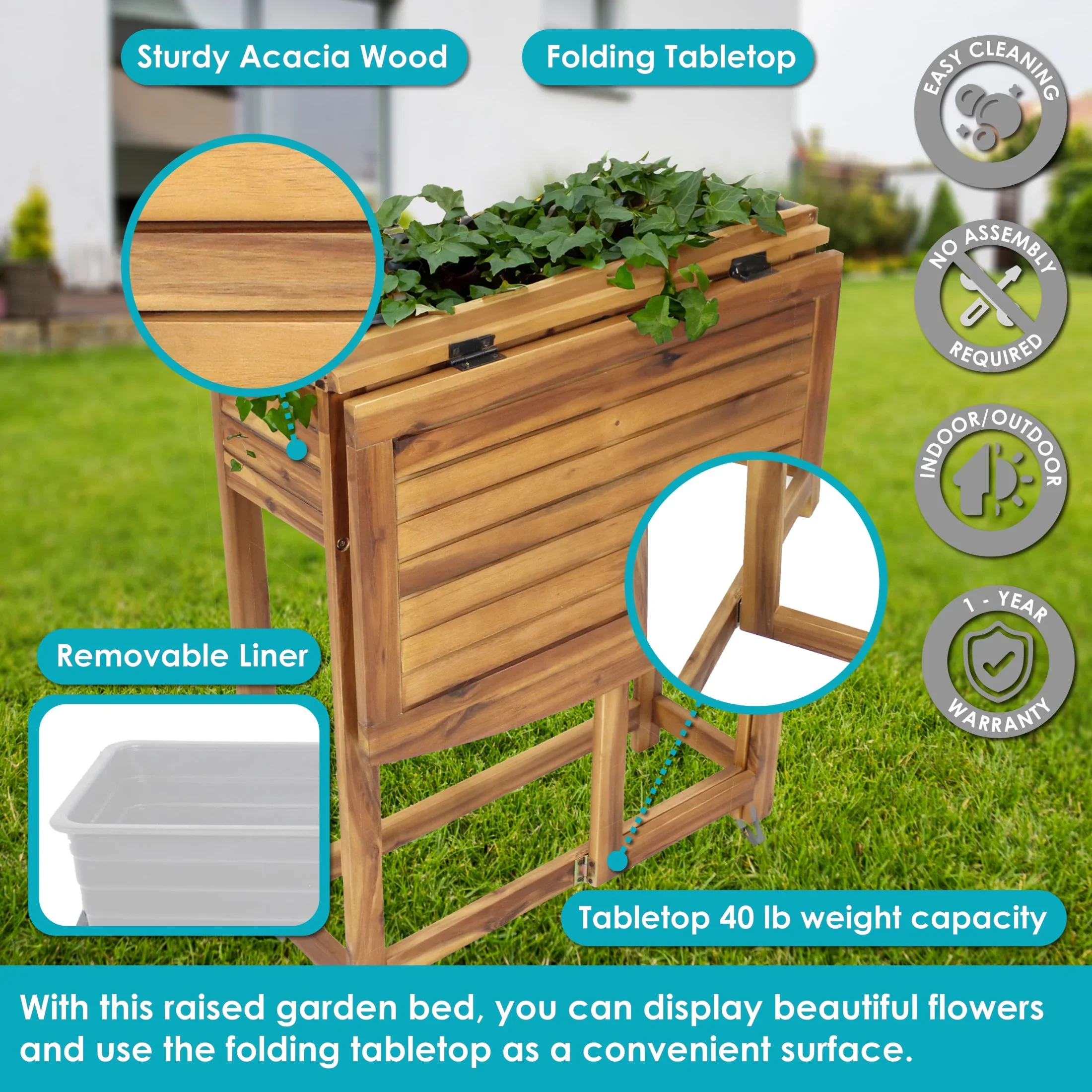 Sunnydaze 24.25 x 25 x 30.5 Natural Acacia Wood Rectangular Raised Garden Bed with Shelf