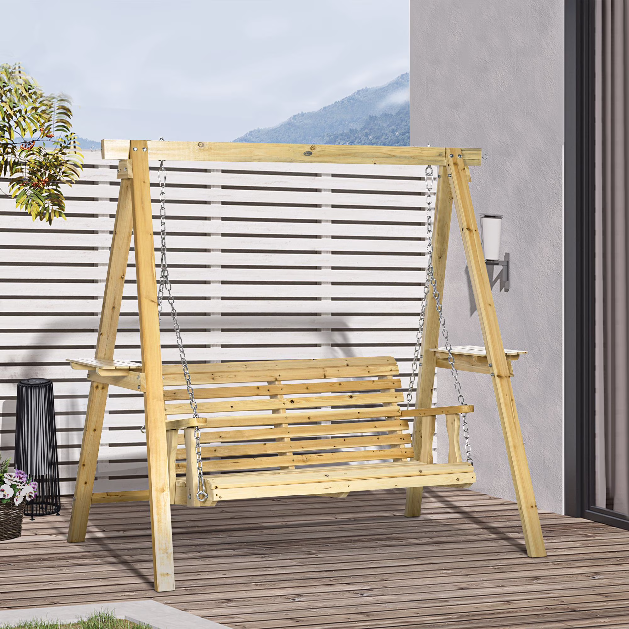 Outsunny 2-Seat Outdoor Swing Chair, Porch Swing with Stand and Side Tables, for Garden, Poolside, Backyard, Natural