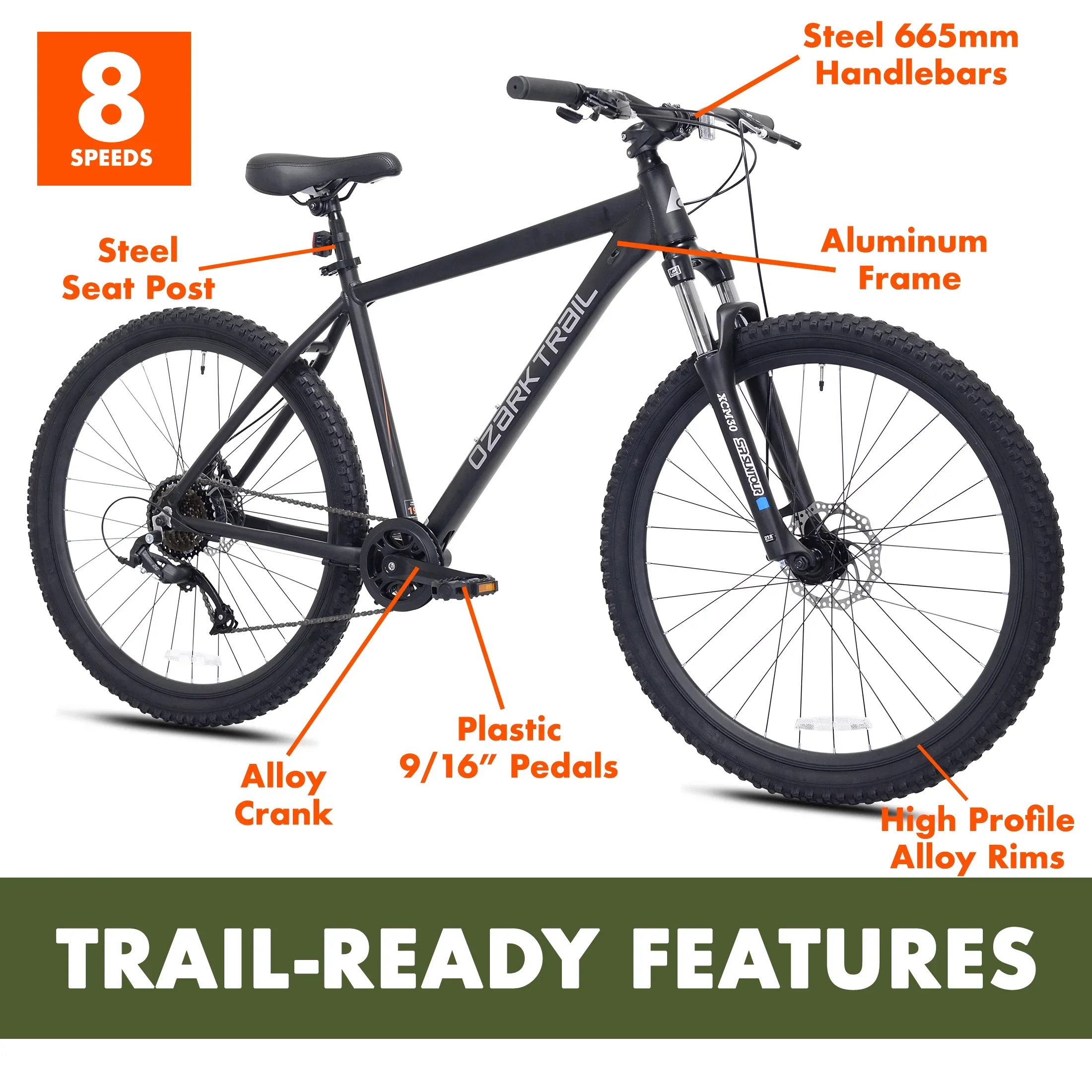 Ozark Trail 27.5 Vibe Mountain Bicycle, Small Frame, Fits Riders 5'0 - 5'6, Black, Adult, Unisex