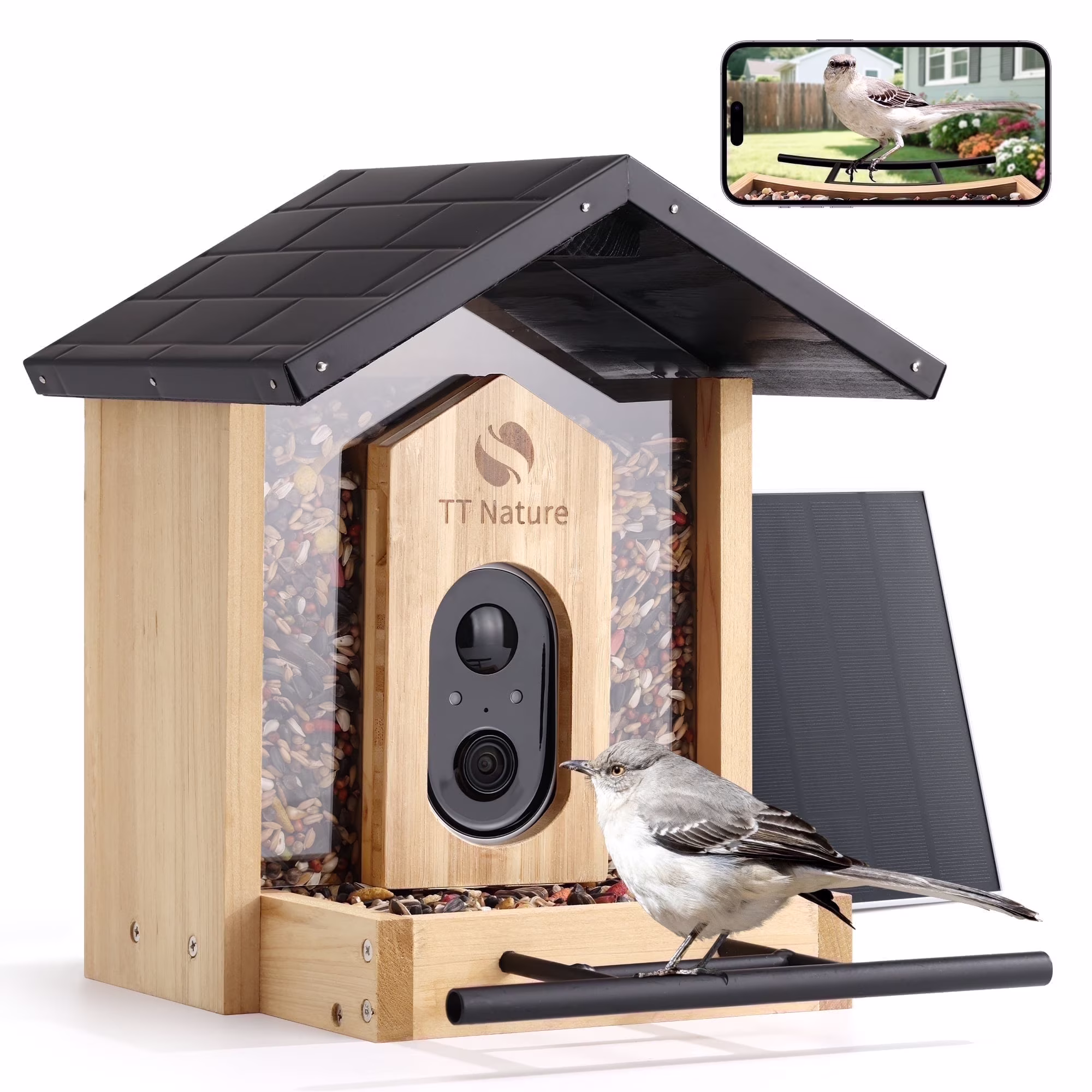 Bird Feeder with Camera, AI Identify 10,000+ Species, Auto Capture, Real-Time Notifications, Upgraded for Bird Watching with Solar Panel, Perfect Gift for Bird Lovers(Wood and Iron roof)