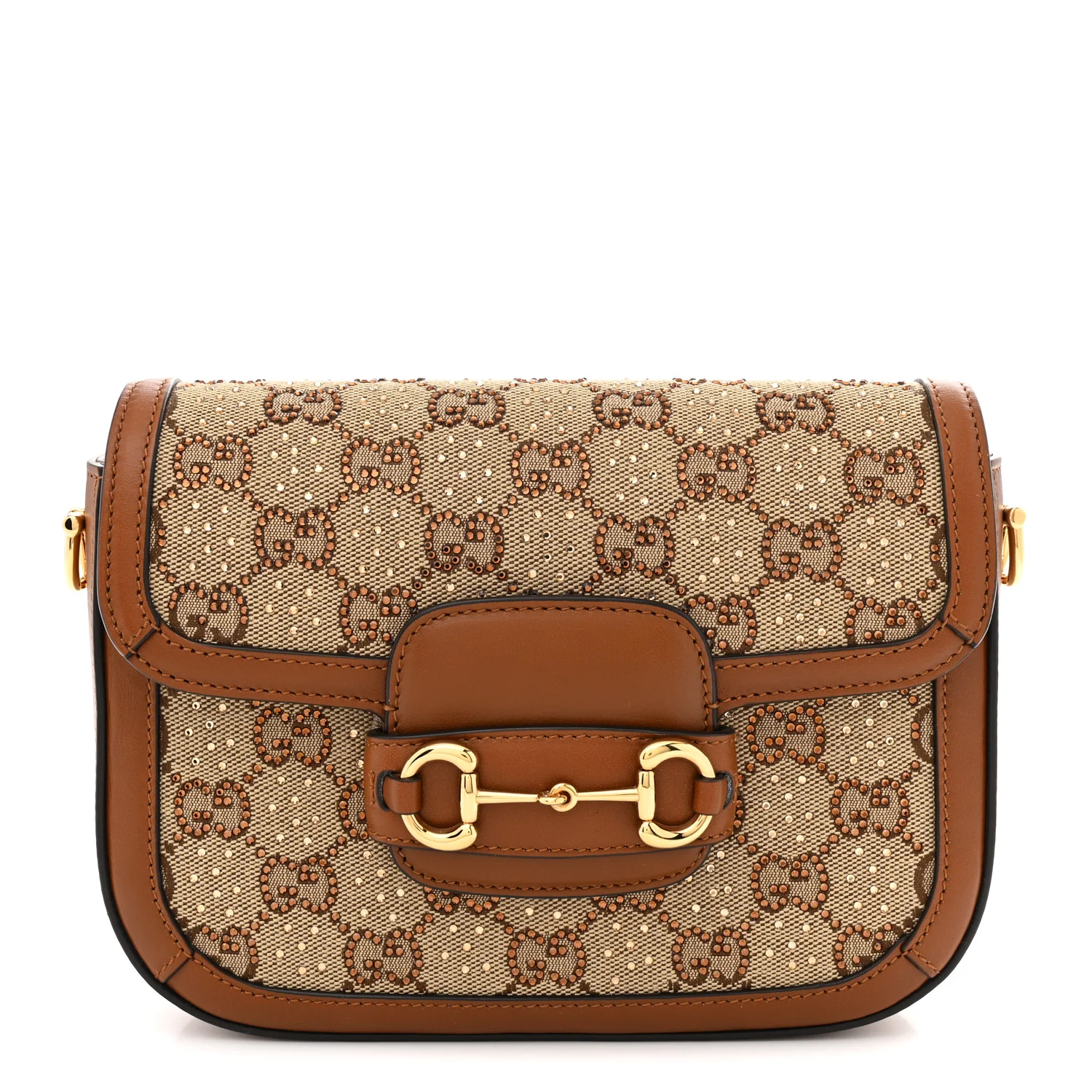New Canvas Charisma Calfskin Crystal GG Monogram Mini Horsebit 1955 Shoulder Bag Camel Ebony