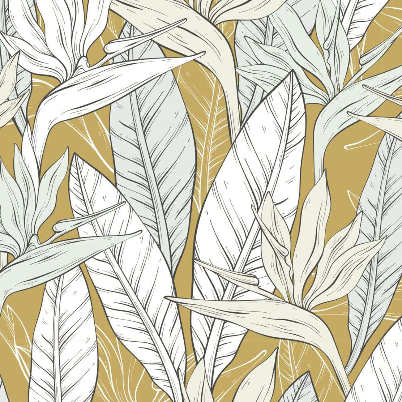 Nappe ronde tissu motif feuillage jaune curry et blanc Ø160cm