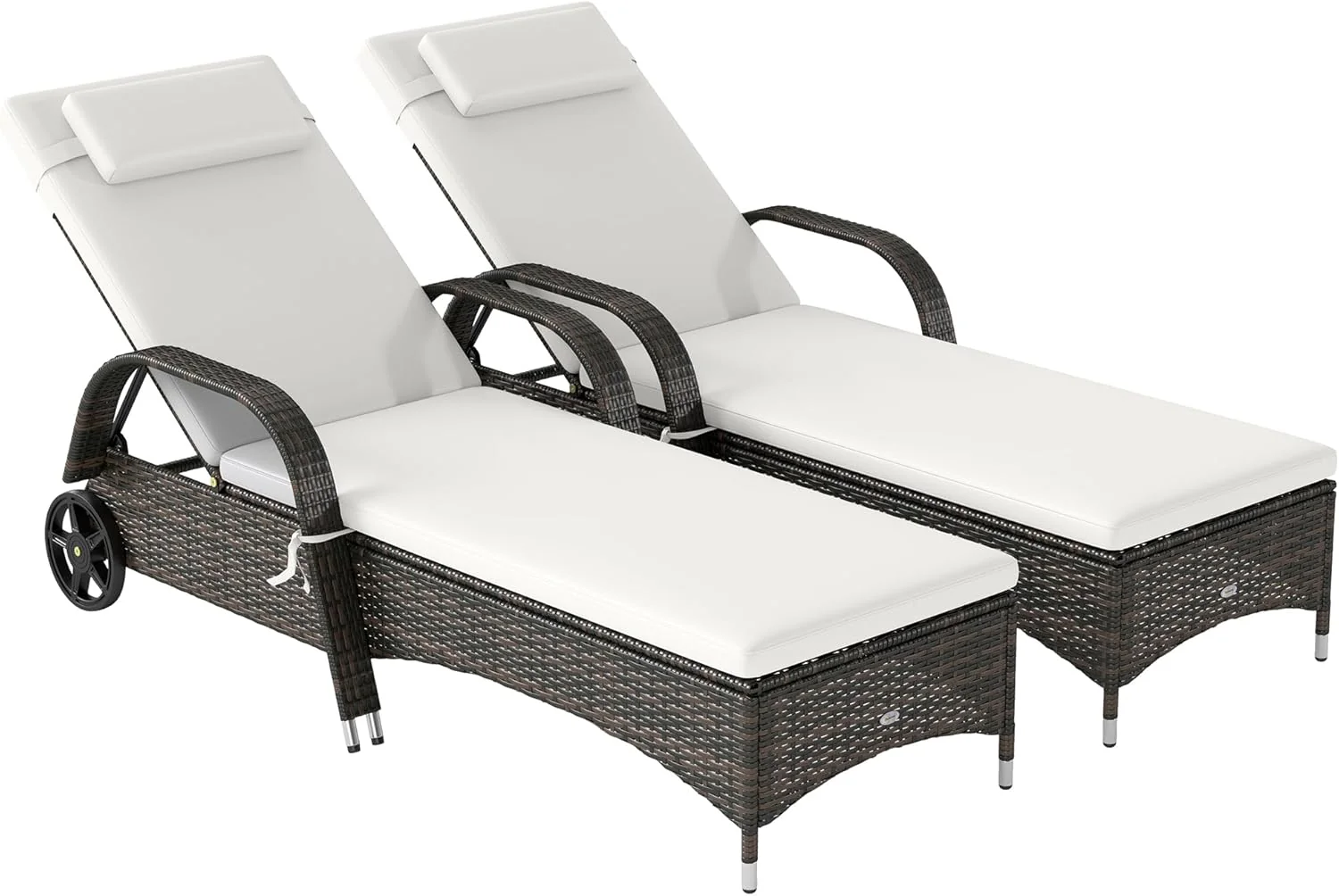 Wicker Outdoor Chaise Lounge, 5-Level Adjustable Backrest PE Rattan Pool Lounge Chair with Wheels, Cushion & Headrest, Brown and Dark Blue