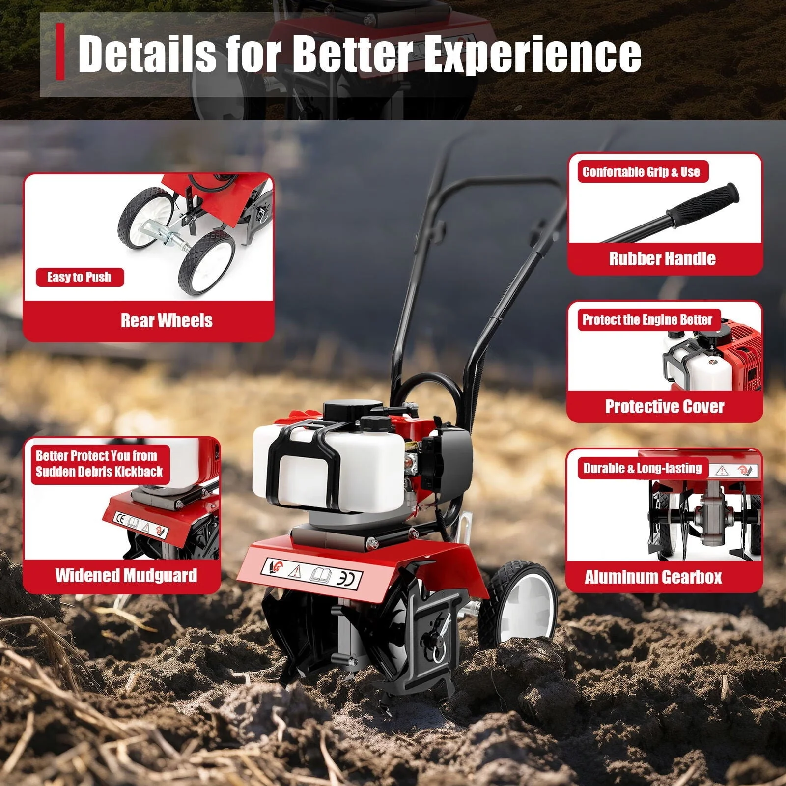 Wuzstar 52CC 2 Stroke Gasoline Engine Rototiller Mini Garden Single Cylinder Tiller Cultivator Image 4