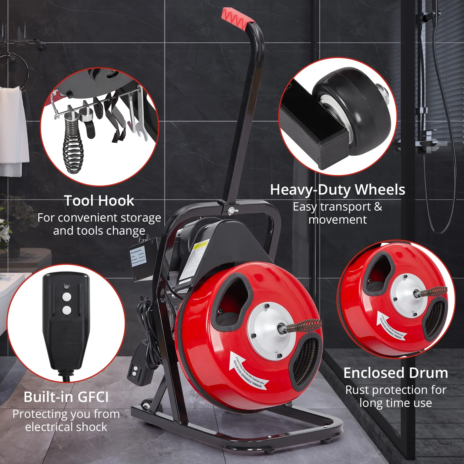 Drain Cleaner Machine 50FT/75FT/100FT x 3/8-inch/1/2-inch Sewer Auger Electric Drain Auger Sewer Snake with 4 Cutter, Air-Activated Foot Switch, Gloves(250W-50FT-1/2inch) - Image 4