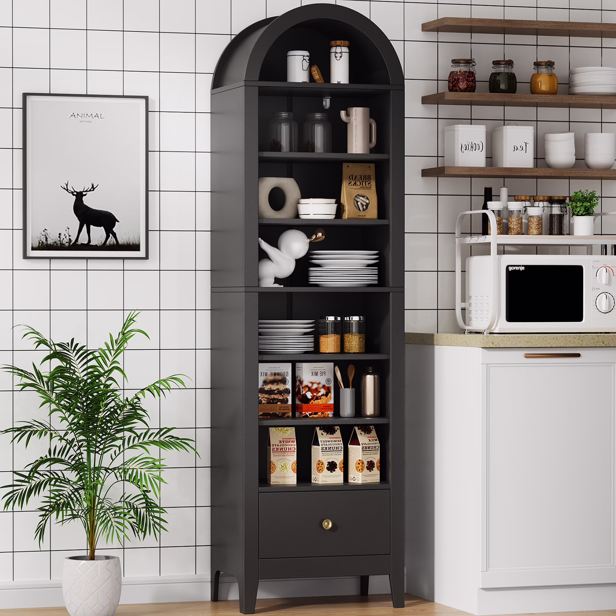 Arched Cabinet, 71" Tall Kitchen Pantry Cabinet, 8 Tiers Arched storage Cabinet with Doors and Shelves, Bookcase for Entryway, Hallway, Living Room, White(White) - Image 3