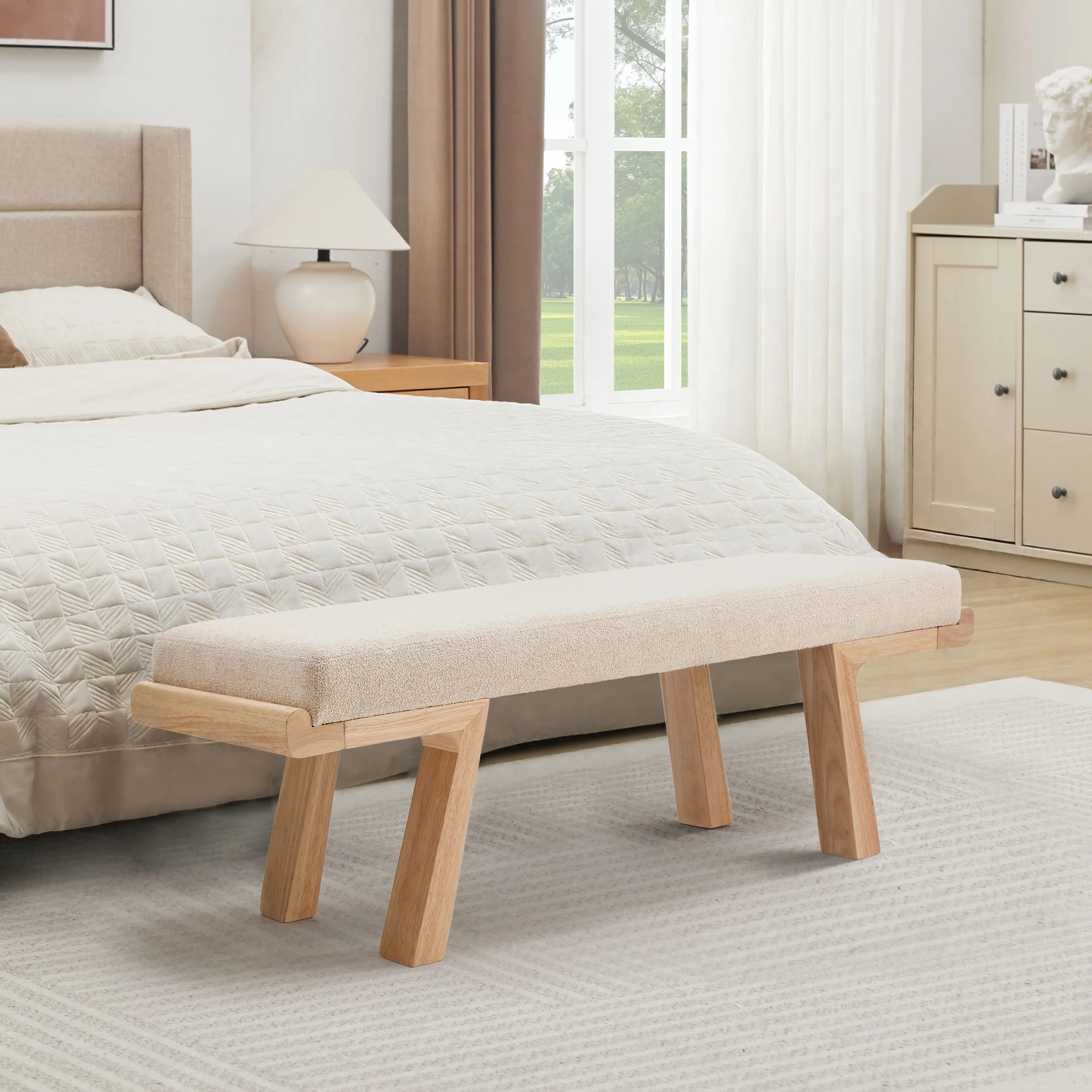 47.4" Linen Upholstered Bench, Entryway Bench with Solid Wood Legs, Modern Ottoman Bench for Living Bedroom Room, Beige(Beige) - Image 10