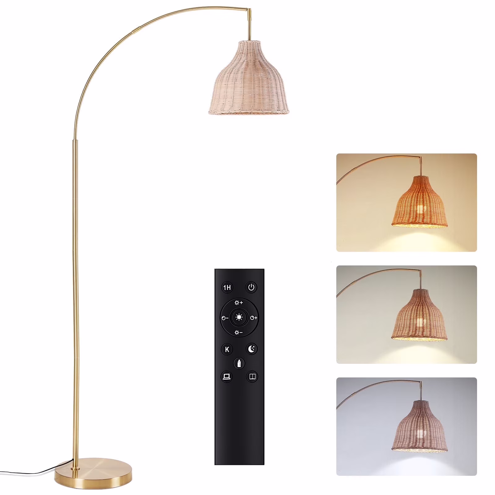 72 inch Arched Rattan Floor Lamp, Fabric Retro Boho Farmhouse Rustic Standing Lamp for Living Room, Bedroom, Office, 9W Foot Switch 3 Color Temperature, Gold(Gold) - Image 3