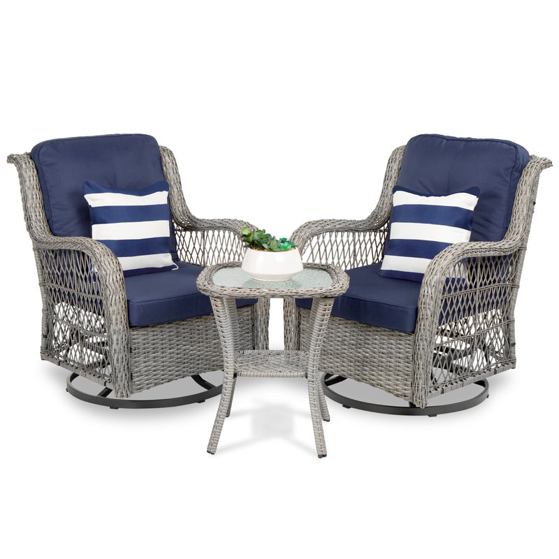 Ensemble de mobilier de jardin en résine tressée 3 pièces avec 2 fauteuils pivotants à bascule et table