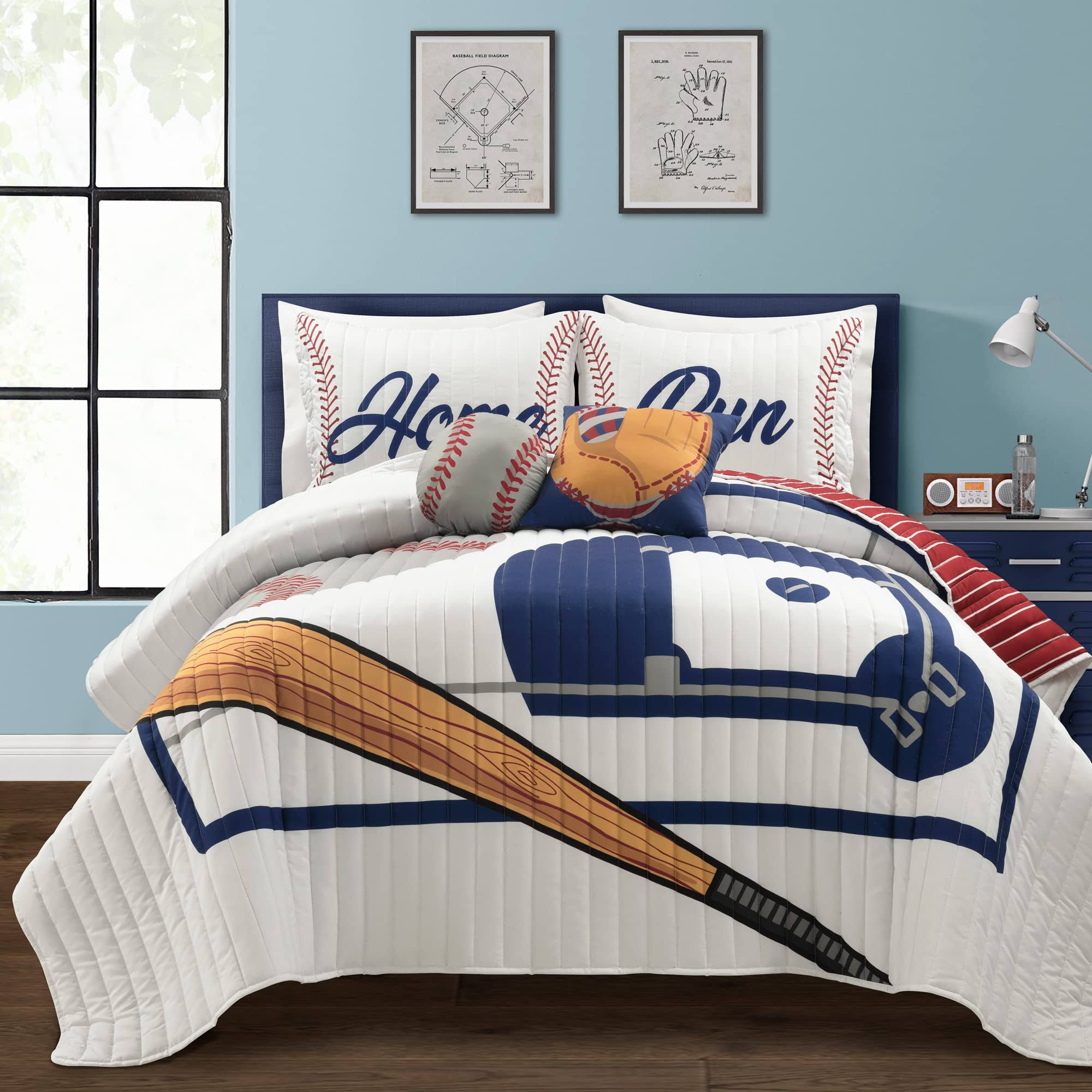 Lush Decor Baseball Game Reversible Oversized Kids Quilt White/Red 5pc Set Full/Queen