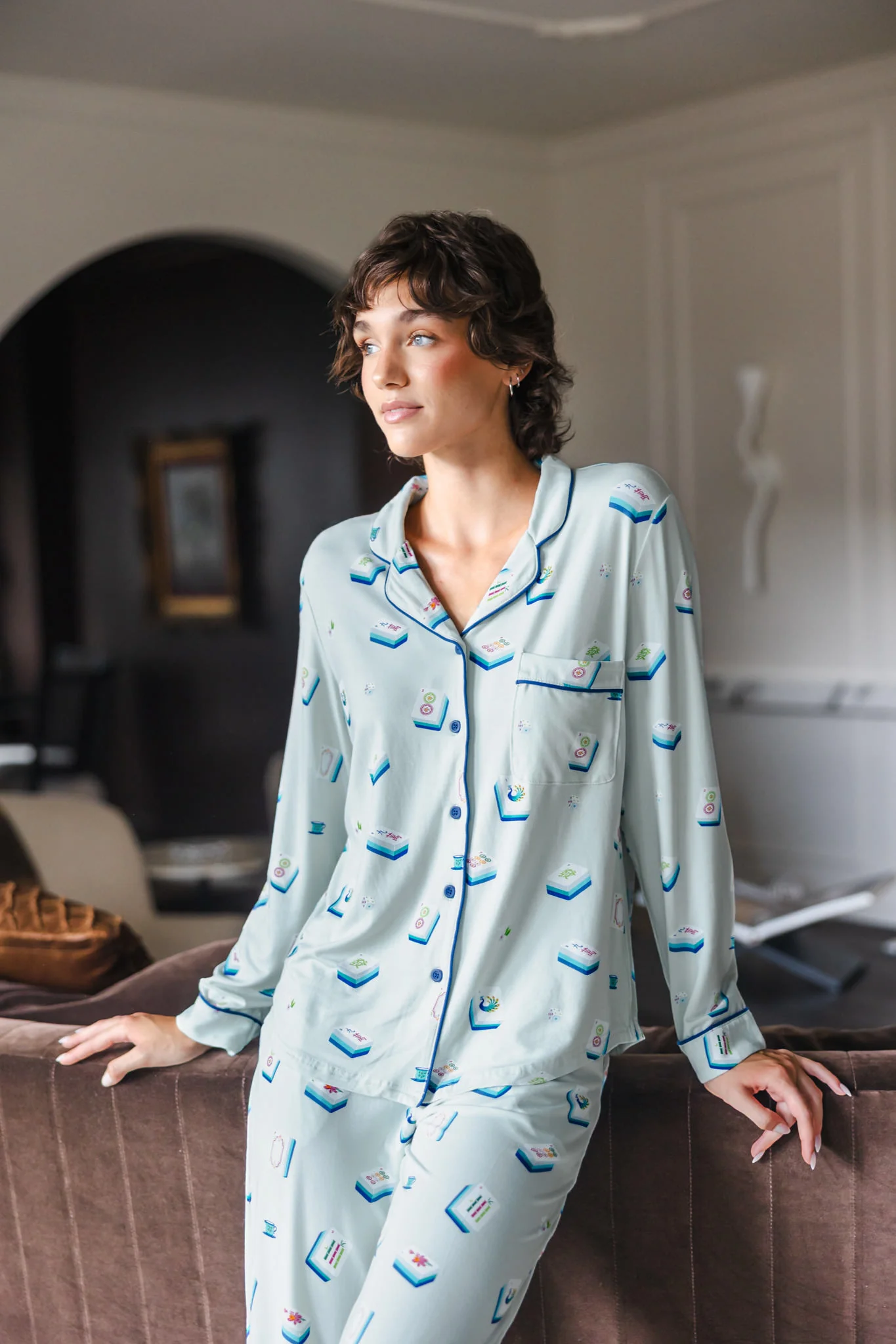 Long-Sleeved Women's Pajama Set in Dew Mahjong