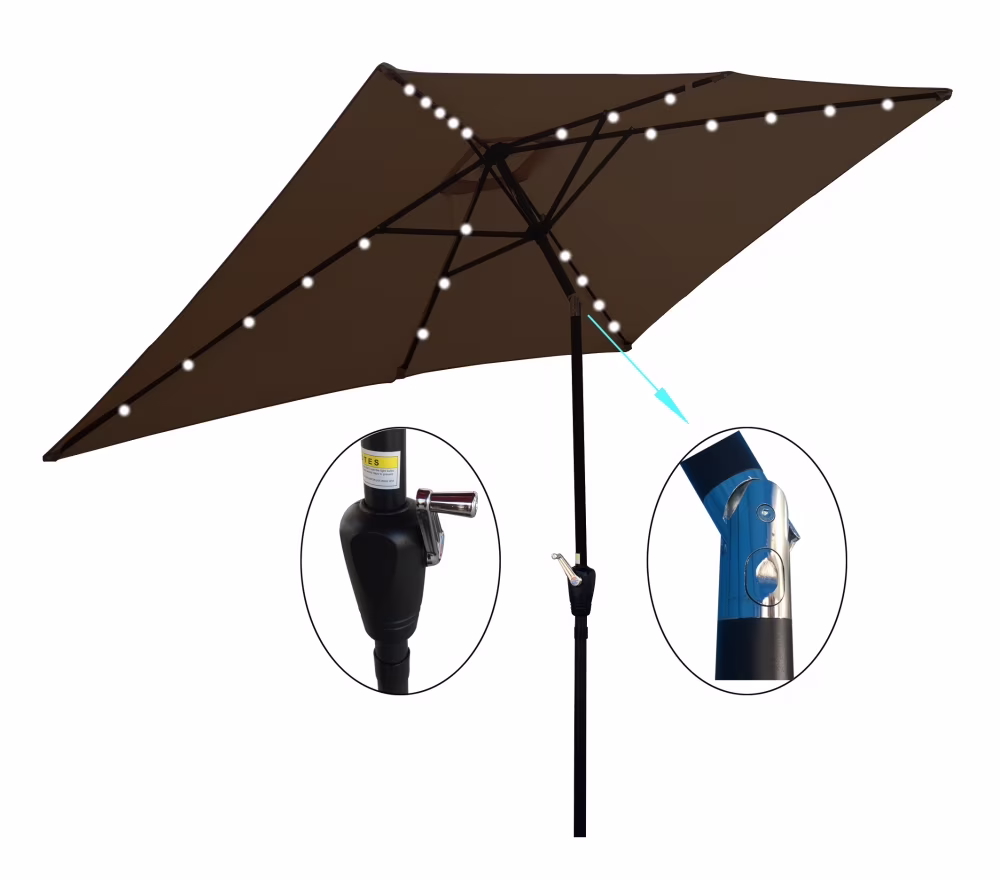 10 x 6.5t Patio Umbrella,Rectangular Picnic Table Umbrella,6-8 Chairs Tilt Umbrella with 26 LED Lights,Waterproof Umbrella Sunshade with Crank and Push Button Tilt for Garden Backyard Pool,Mushroom
