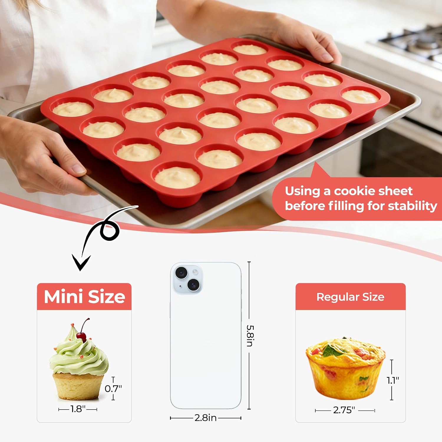 CAKETIME Silicone Muffin Pan Mini 24 Cups, 1 Pack Cupcake Pan, BPA Free