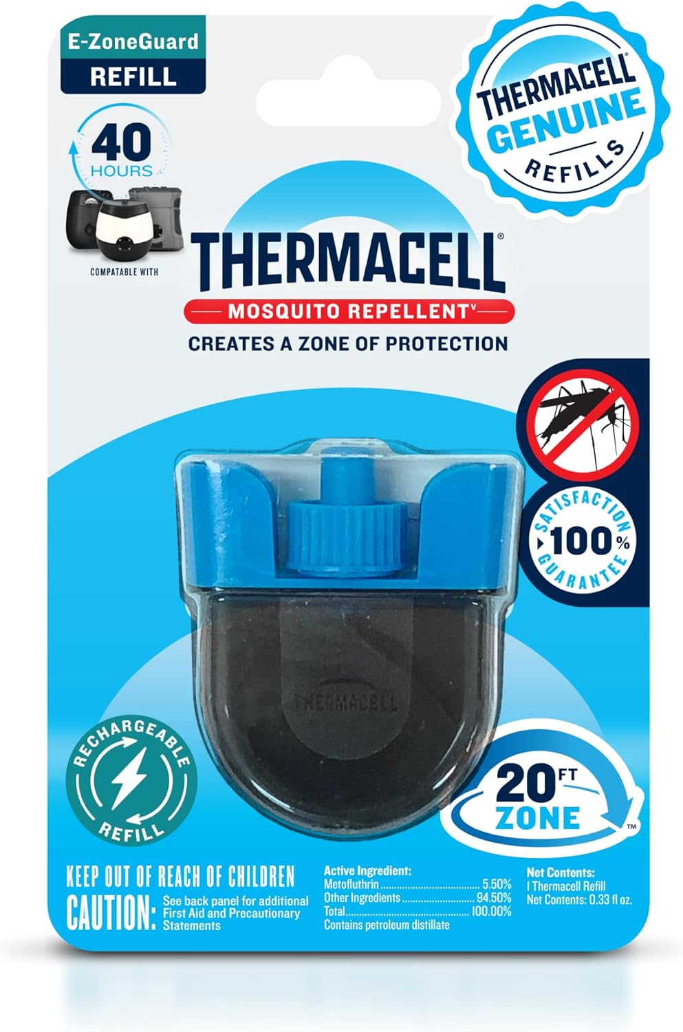 Thermacell E-ZoneGuard Mosquito Repellent Refill, 40-Hr, Rechargeable| 20-FT Zone; 1x 40-Hr Refill Cartridge; Proven Outdoor Protection; Patio Shield; Bug Spray Alternative; Scent Free; DEET-Free