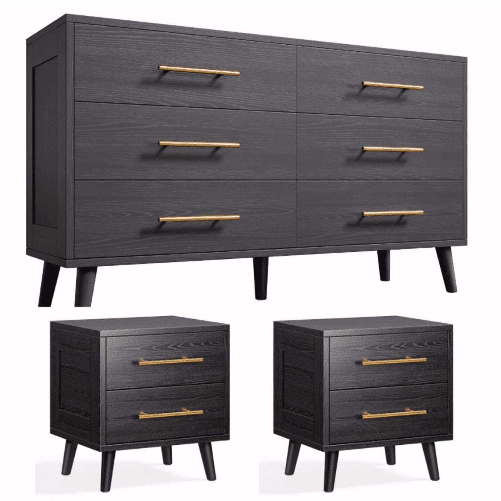 3 Piece Bedroom Furniture Set, 6 Drawer Dresser with 2 Nightstands, Modern Wood Storage Organizer with Metal Handles for Bedroom, Living Room,Black(Black)