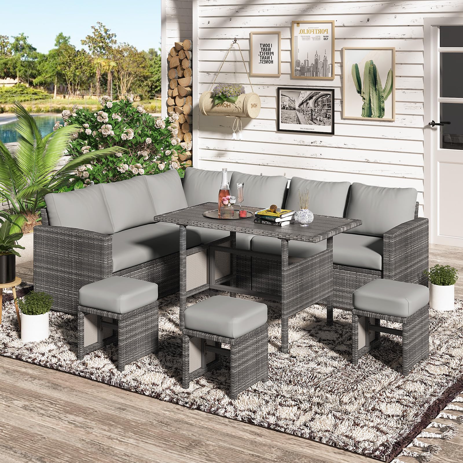 AECOJOY 7 Pieces Outdoor Wicker Rattan Dining Sofa Set, Gray