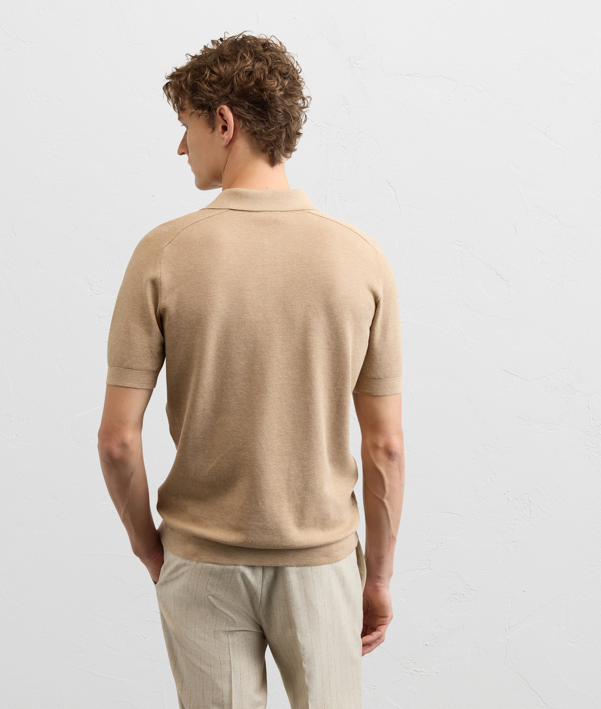 LIGHT BROWN COTTON RAGLAN SHORT SLEEVED POLO SHIRT WITH CROSS STITCH