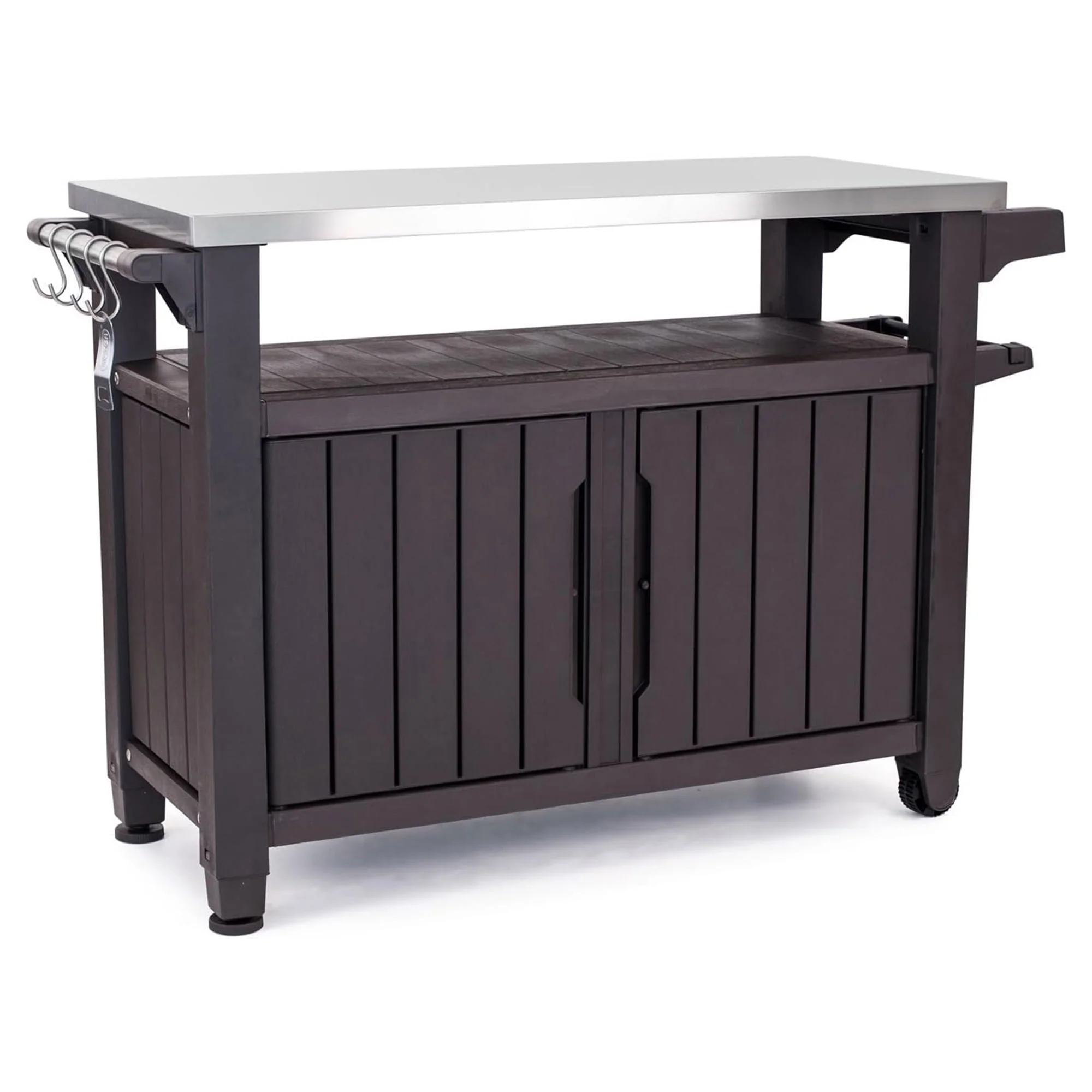Keter Unity XL Outdoor Kitchen Bar Rolling Cart with Storage Cabinet, Brown(Stainless Steel)