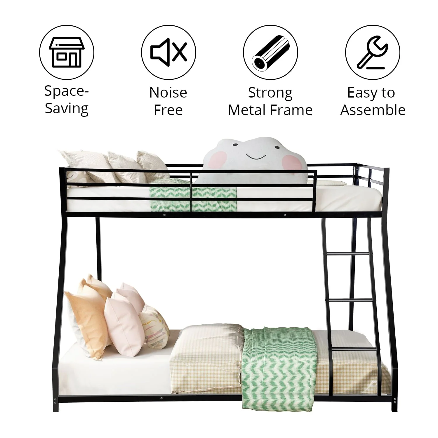 Twin over Full Bunk Bed, Metal Bunk Bed Frame, Noise Free Floor Bunk Beds with Guardrails Ladder for Kids Teens Adults, No Box Spring Needed, Black - Image 7