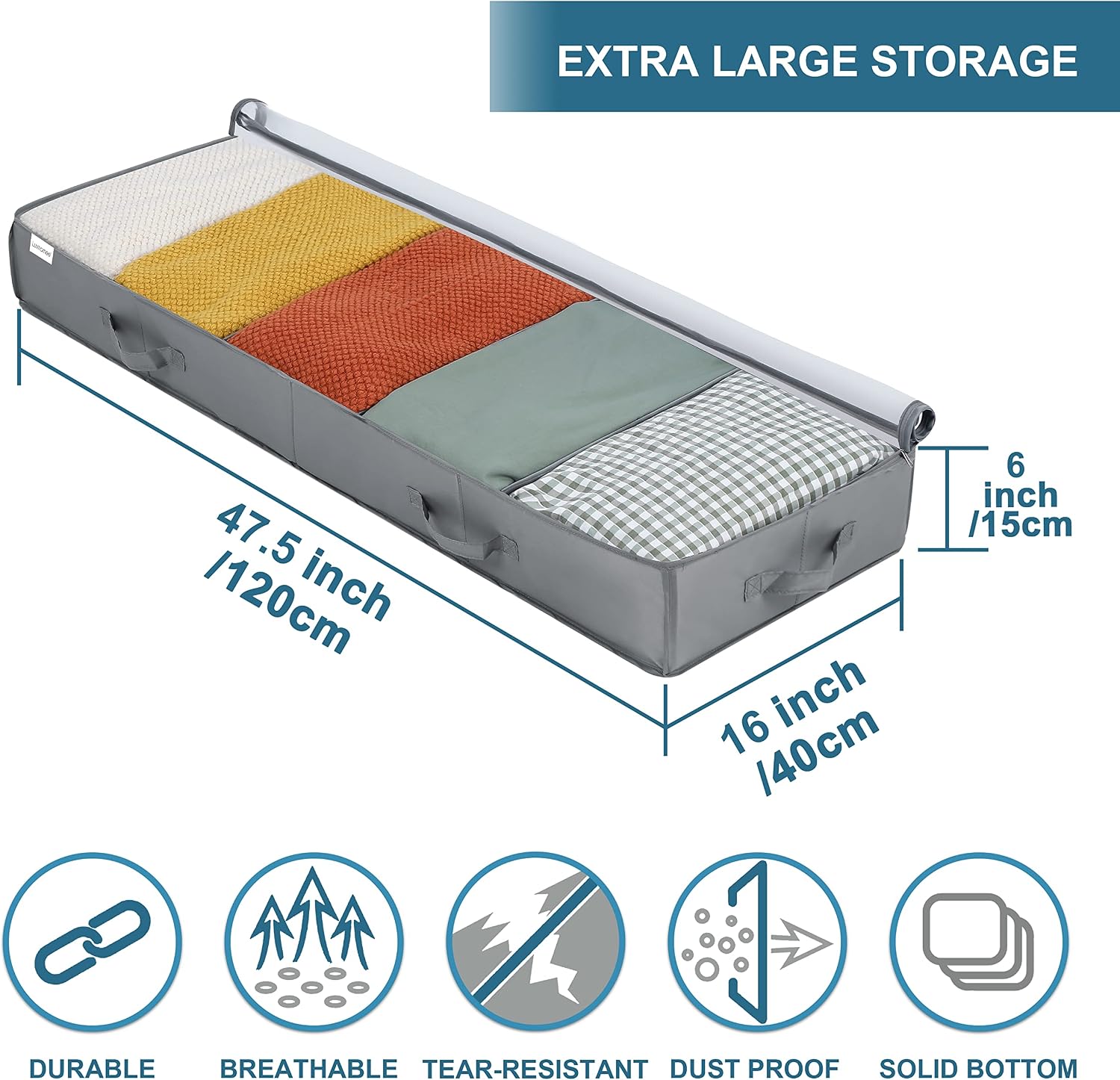 Under Bed Storage Containers, 2 Pack Under the Bed Bags, Clear Underbed Storage Bins with Sturdy |   Adjustable Dividers |   Sidewalls |   Bottom, Closet Organizer for Clothes Sheets Blankets, 47.5x16x6in