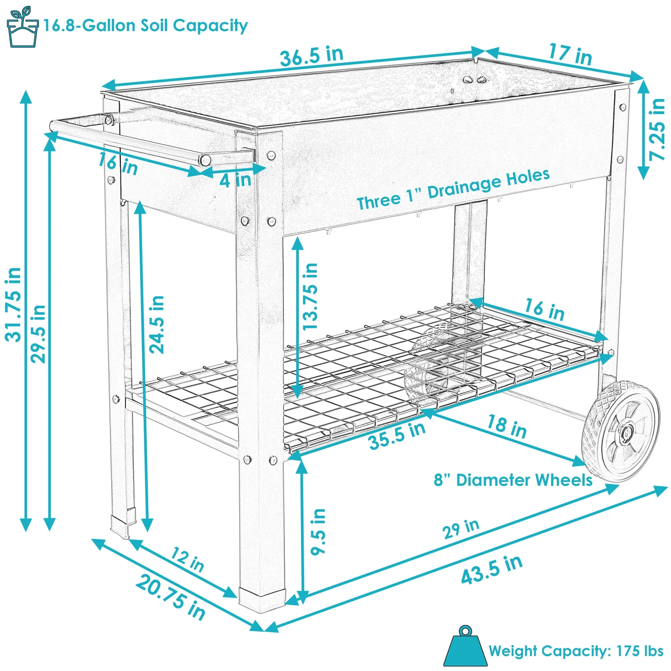 Sunnydaze 43.5 x 20.75 x 31.75 Blue Galvanized Steel Raised Garden Bed Cart with Wheels