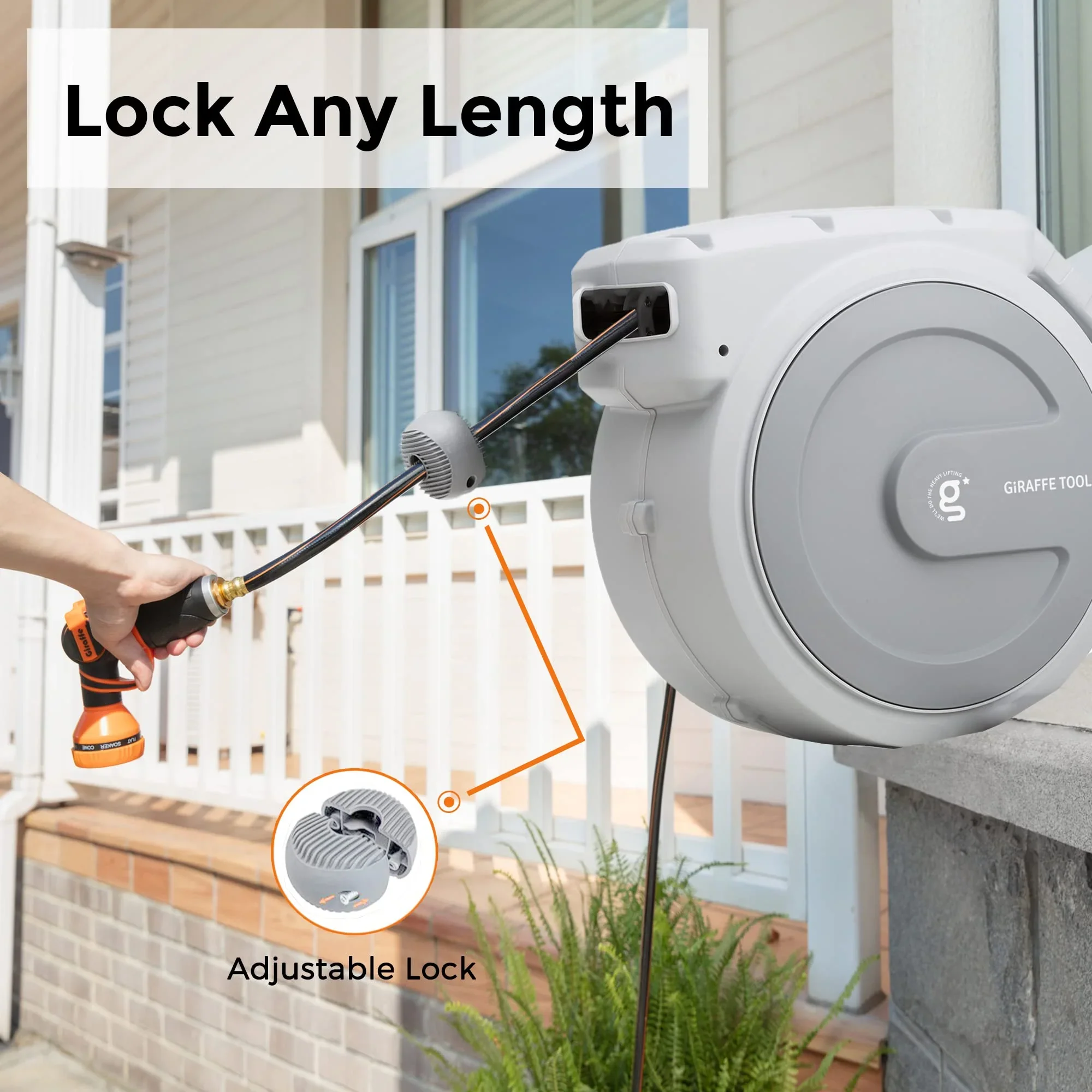 Giraffe Tools Retractable Garden Hose Reel with 1/2in-100ft Water Hose, Plastic Bracket, Wall Mounted, Dark Grey