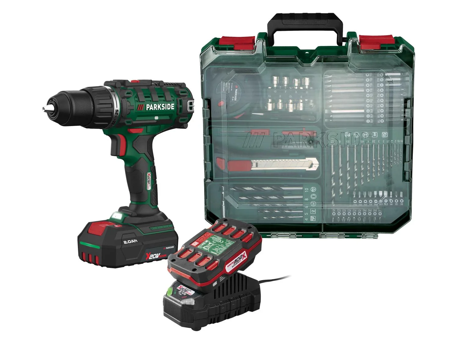 PARKSIDE Set perceuse-visseuse sans fil et accessoires + 2 Batteries + Chargeur, 20 V