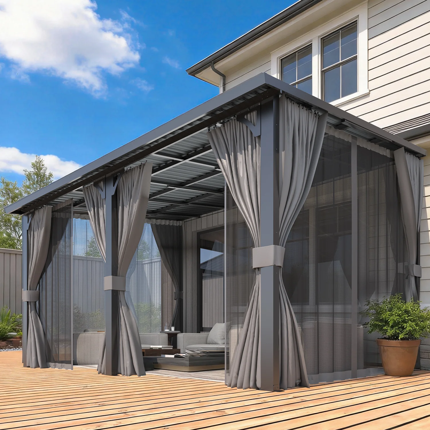 AECOJOY 14'x10' Outdoor Hardtop Metal Gazebo with Curtain and Netting