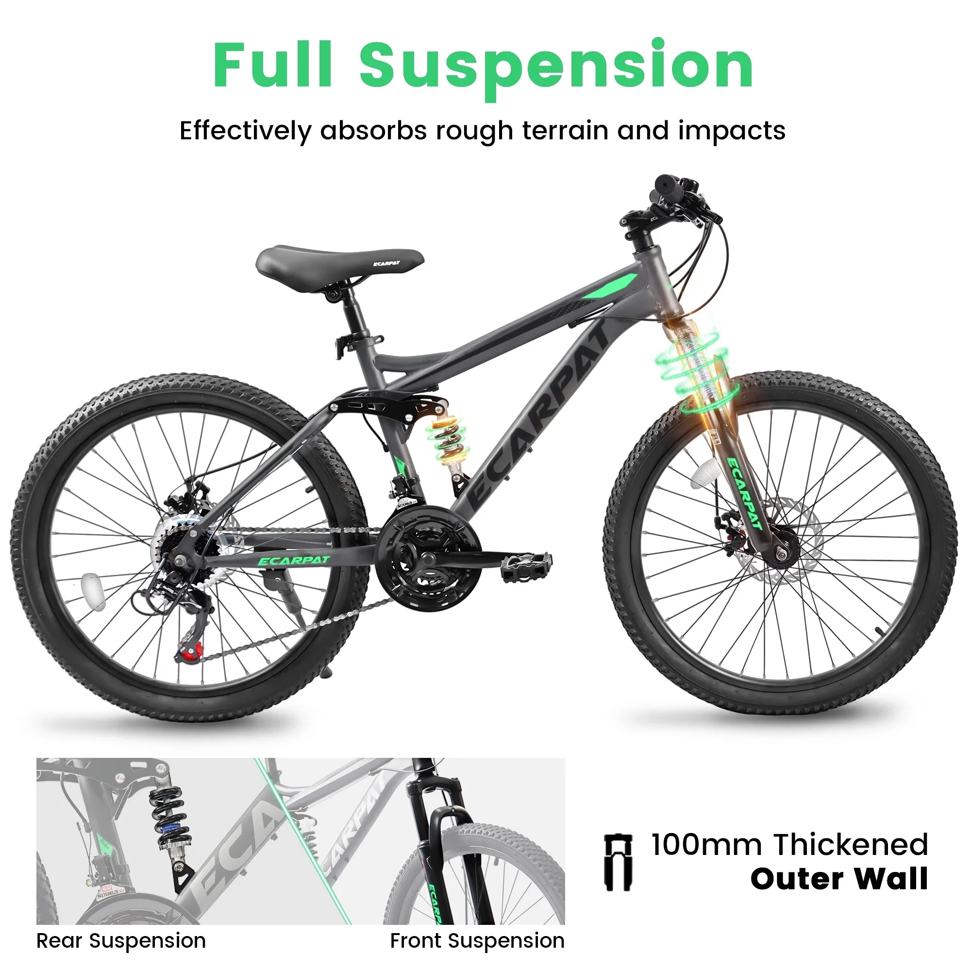 27.5 Inch Dual Full Suspension Mountain Bike, 21-Speed Mountain Bike with Dual Disc Brakes and Carbon Steel Frame, Trail Beach Snow Commuter City Bicycles for Adult Men Women, Black
