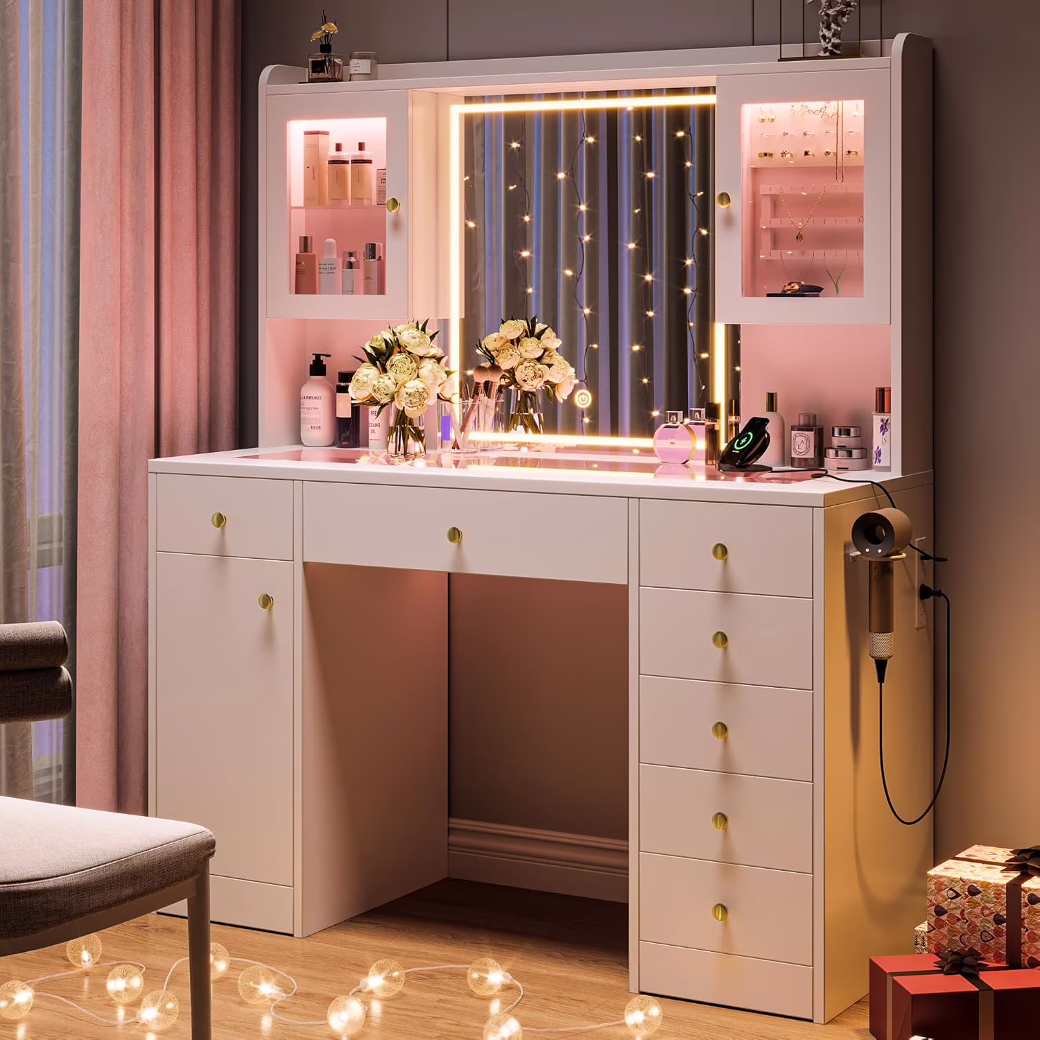 Ipormis Vanity Desk with Mirror and Lights, Glass Top Makeup Vanity with RGB Light and Charging Station for Girls, White