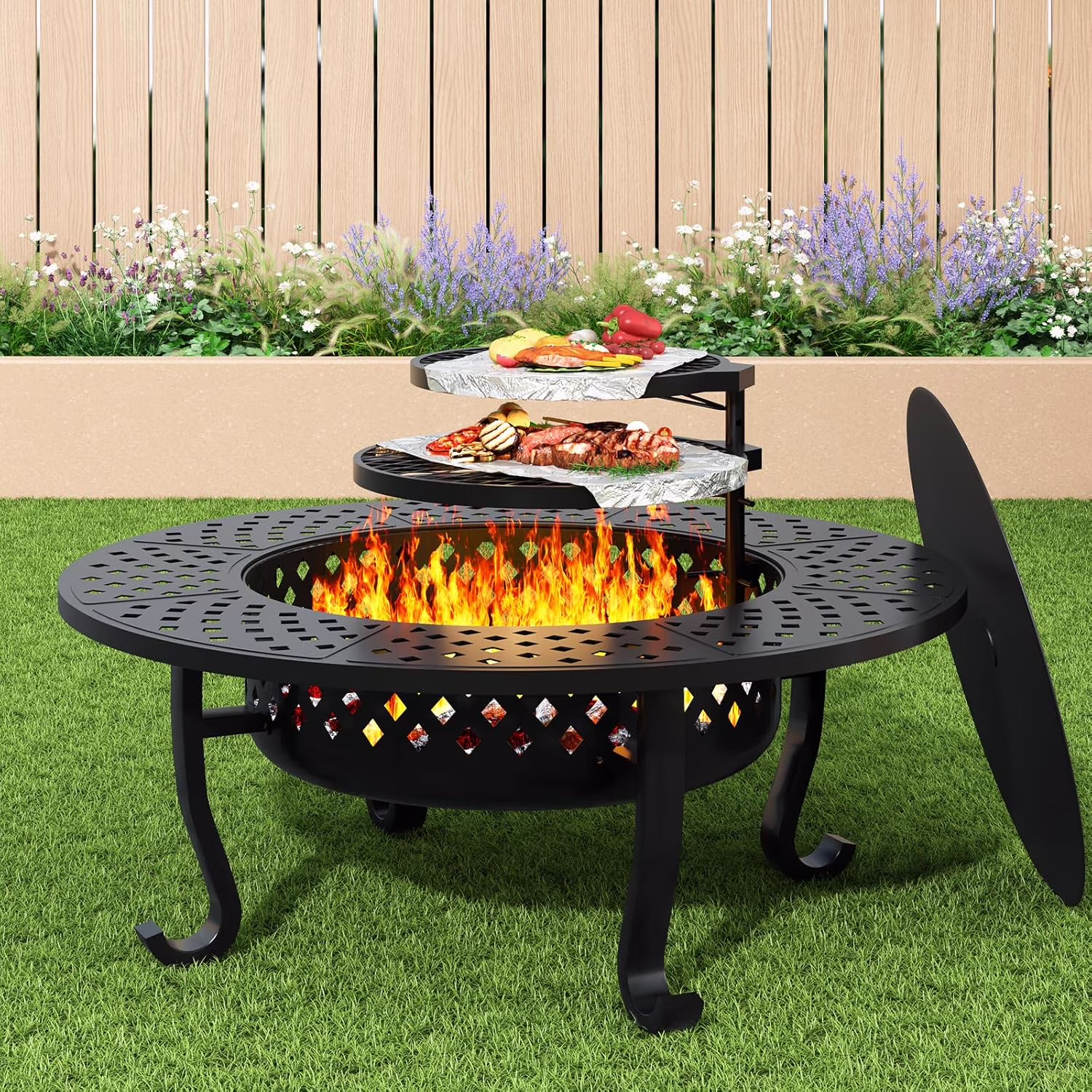 43 in Fire Pit with 2 Grill, Outdoor Wood Burning Firepit with Lid, Metal Round Table for Backyard Patio Garden Picnic Camping Bonfire