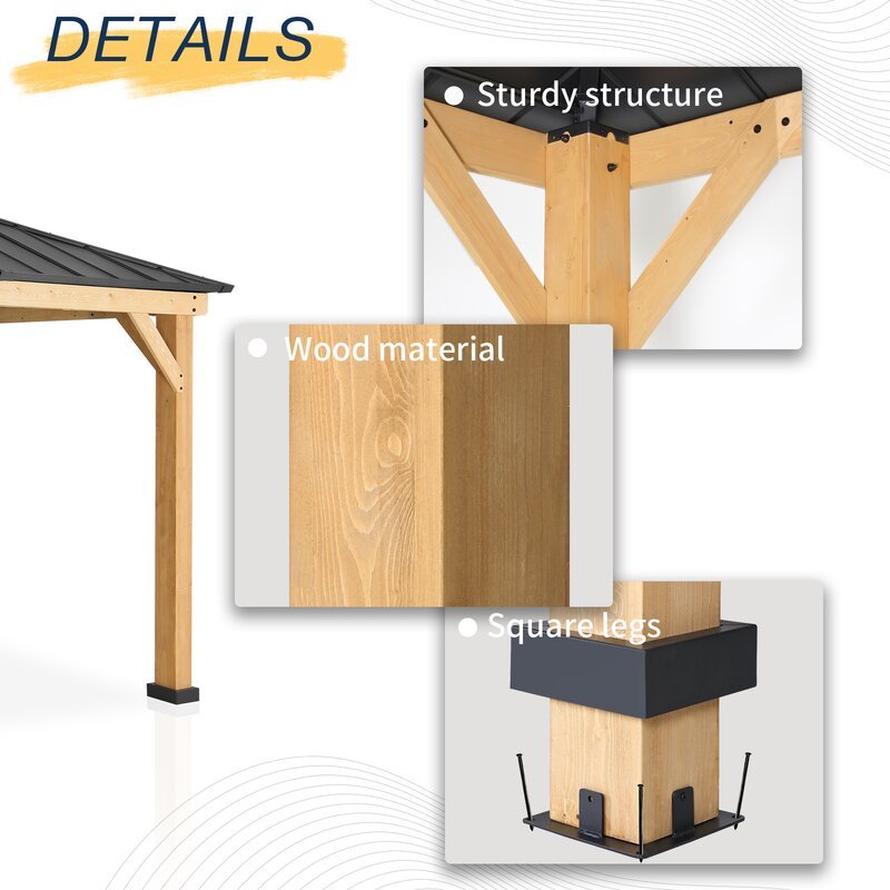 Gazebo de patio en bois massif de 13 pi de largeur x 11 pi de profondeur