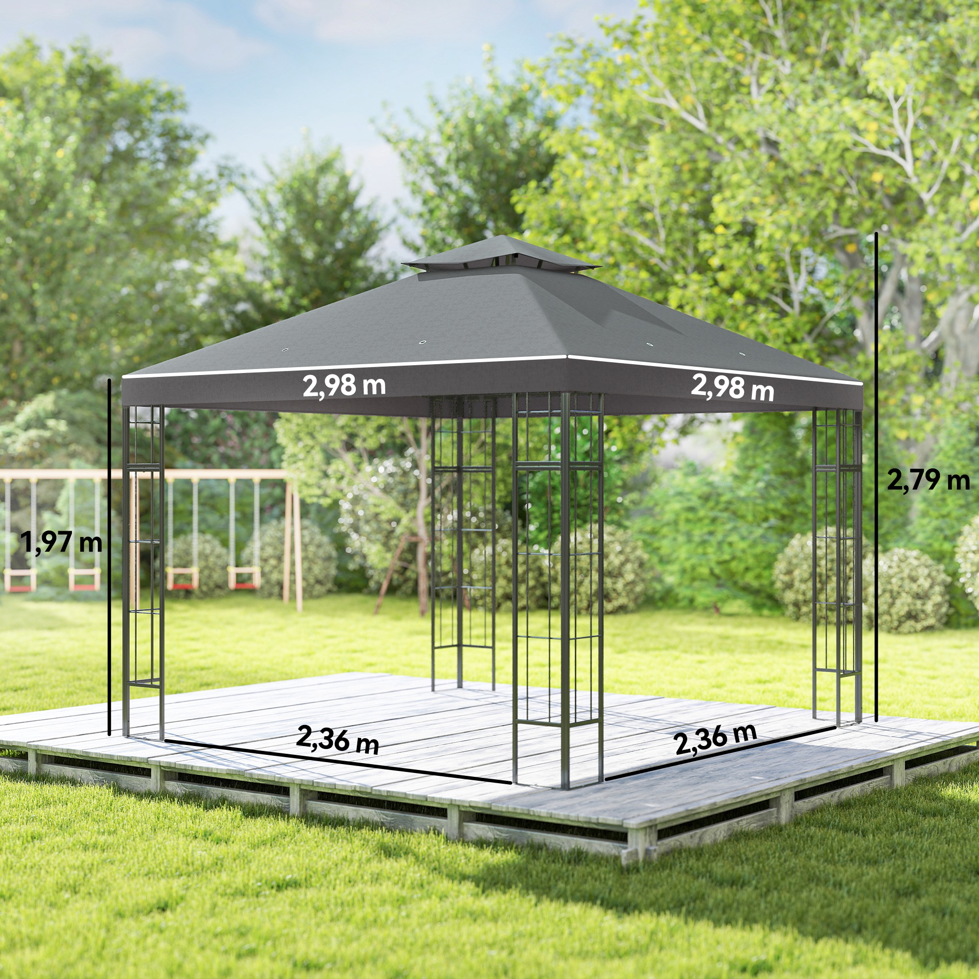 Outsunny 3 x 3 m Tuinpaviljoen, 2-Laags Dakontwerp, UV30+ Bescherming, UV-bestendig, Zonbescherming, Metalen Frame, Donkergrijs