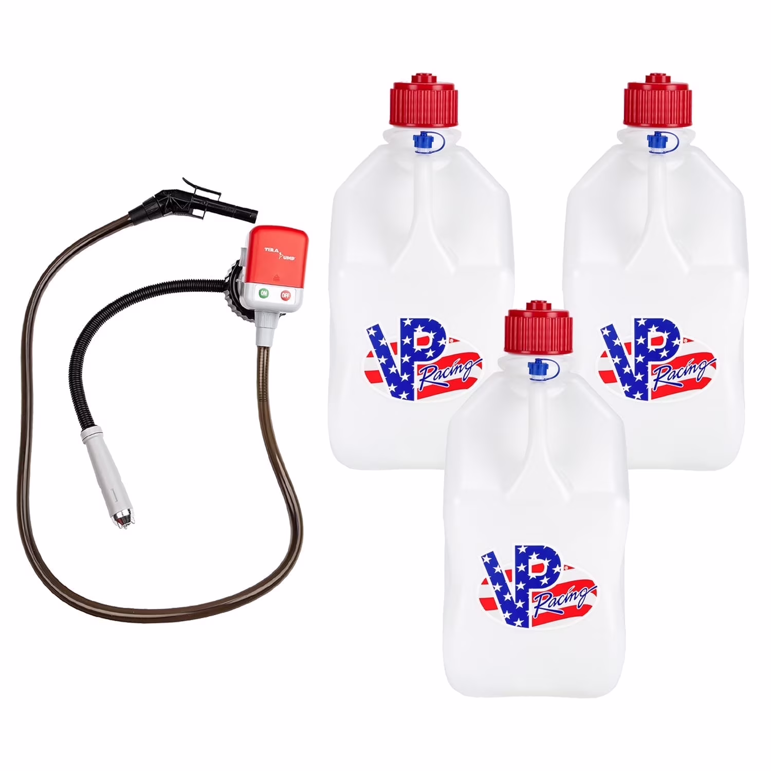 VP Racing 35221 CA, 5 5 Gallon Square Motorsport Jug Patriotic (3 Pack), w/Utility Jug Battery Powered Fuel Transfer Pump (1 Pack)