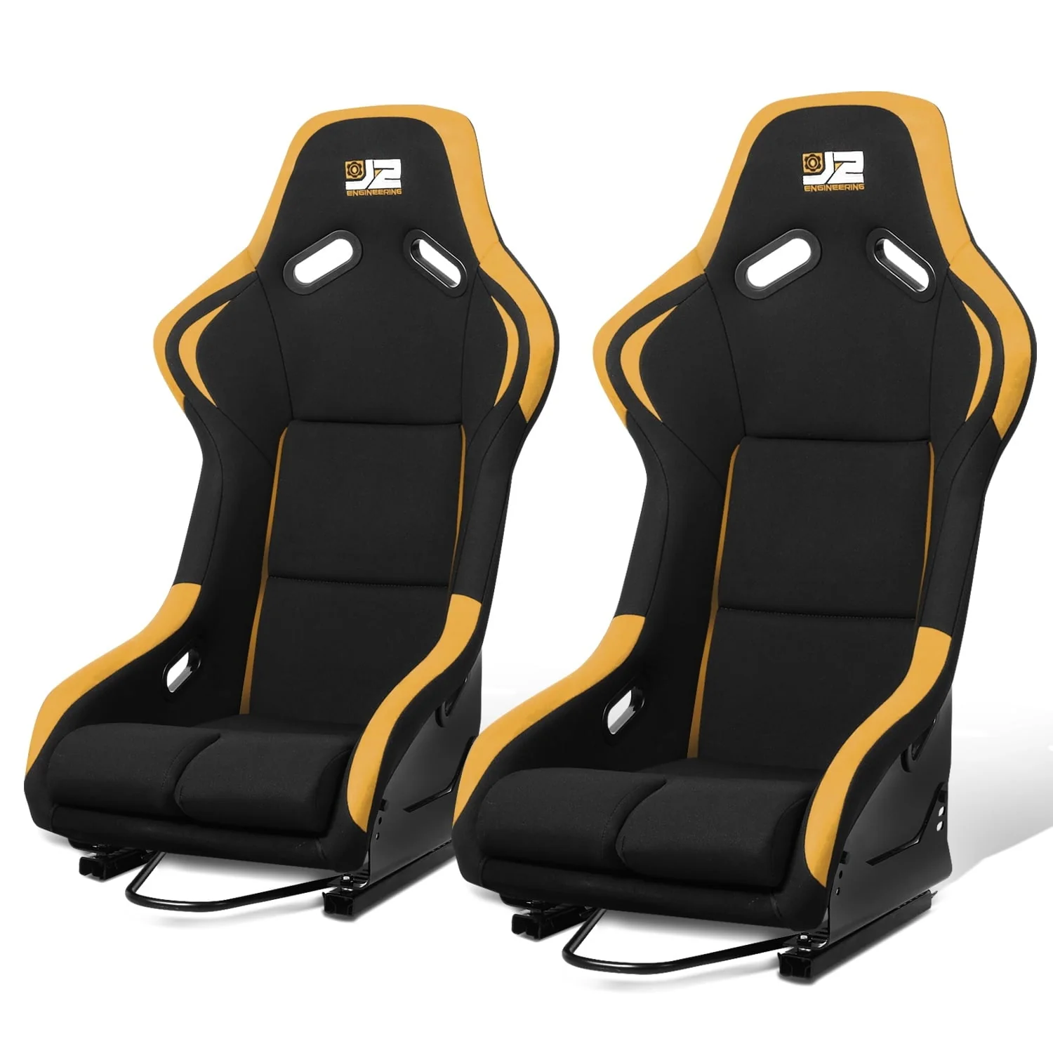 Pair Universal Bucket Racing Seats Black Yellow Fiberglass Ergonomic Design with Side Mount Brackets