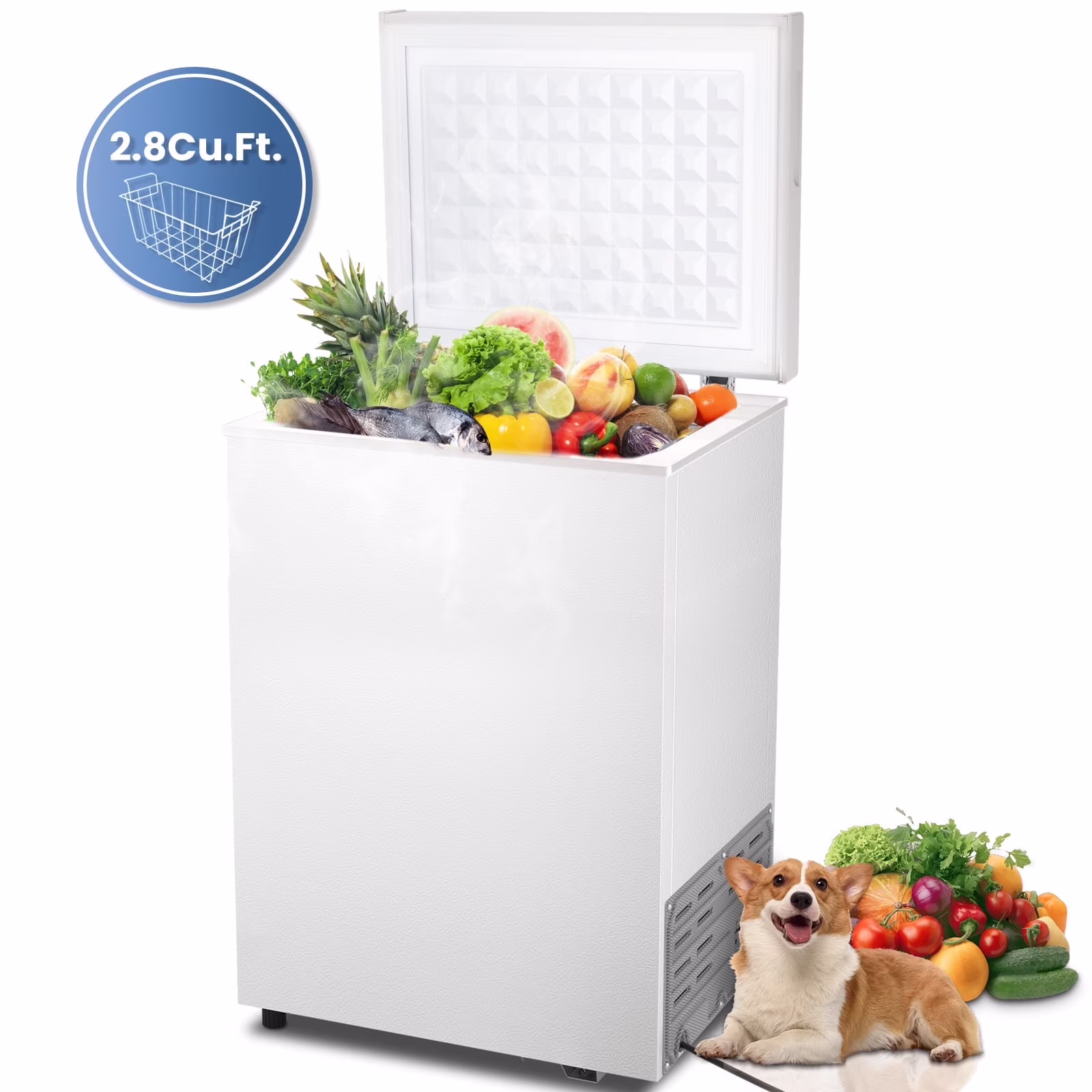2.8cu.ft Chest Freezer, Freestanding Top Open Door Compact Freezer with Removable Basket, Adjustable 7 Thermostat and Bottom Defrost Water Drain for Apartment/Home, White(White)