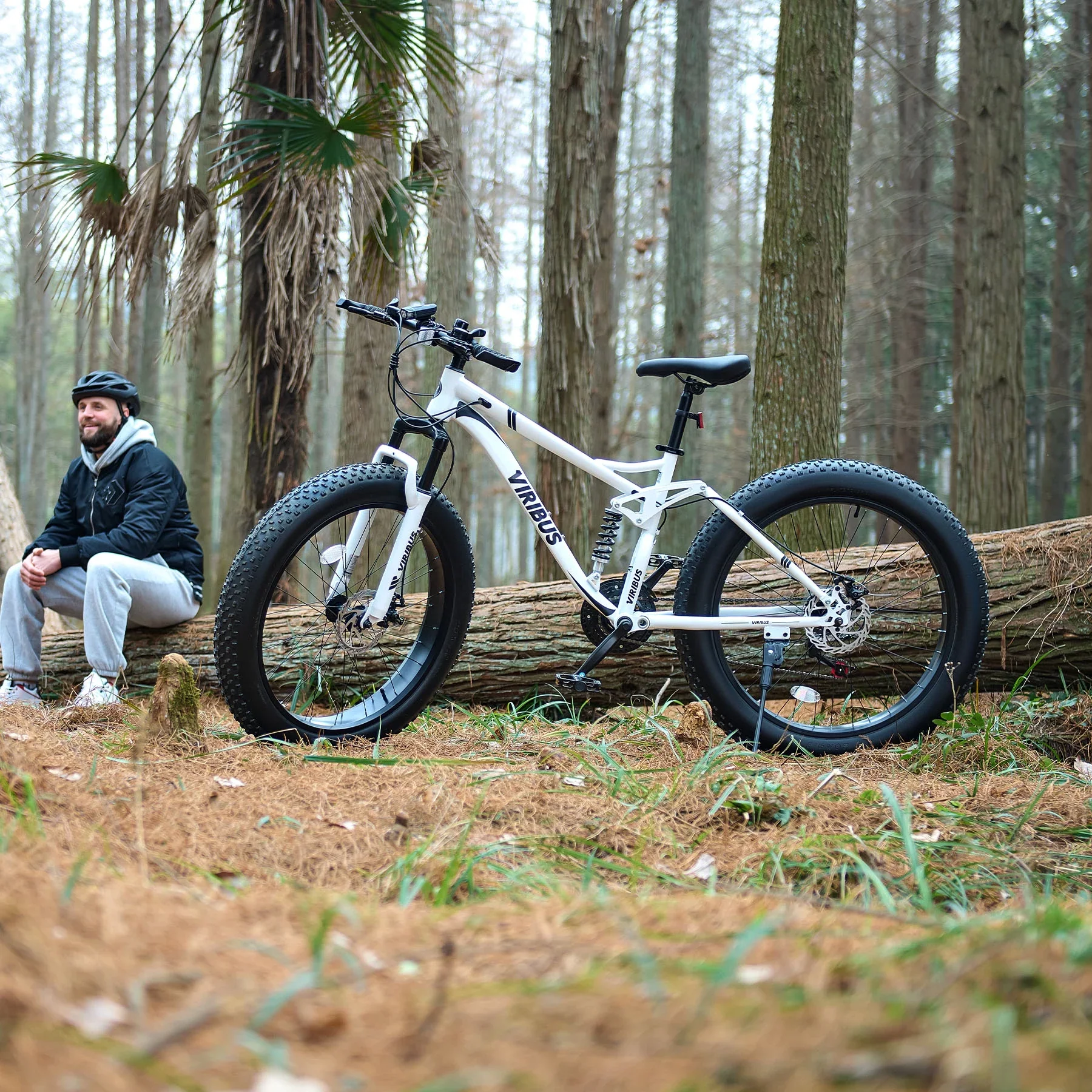 VIRIBUS 26 Fat Tire Mountain Bike Full Suspension Bike with 21 Speeds Disc Brakes White