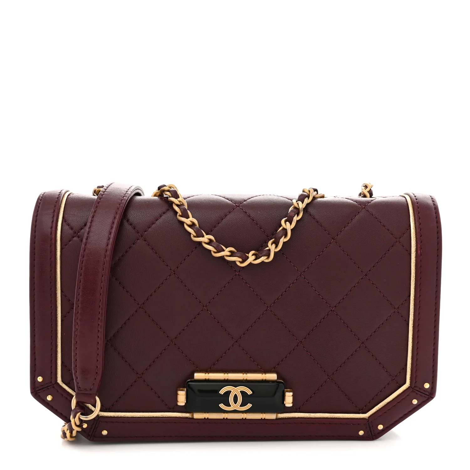 Calfskin Quilted Small Octagon CC Clasp Flap Bag Red Gold