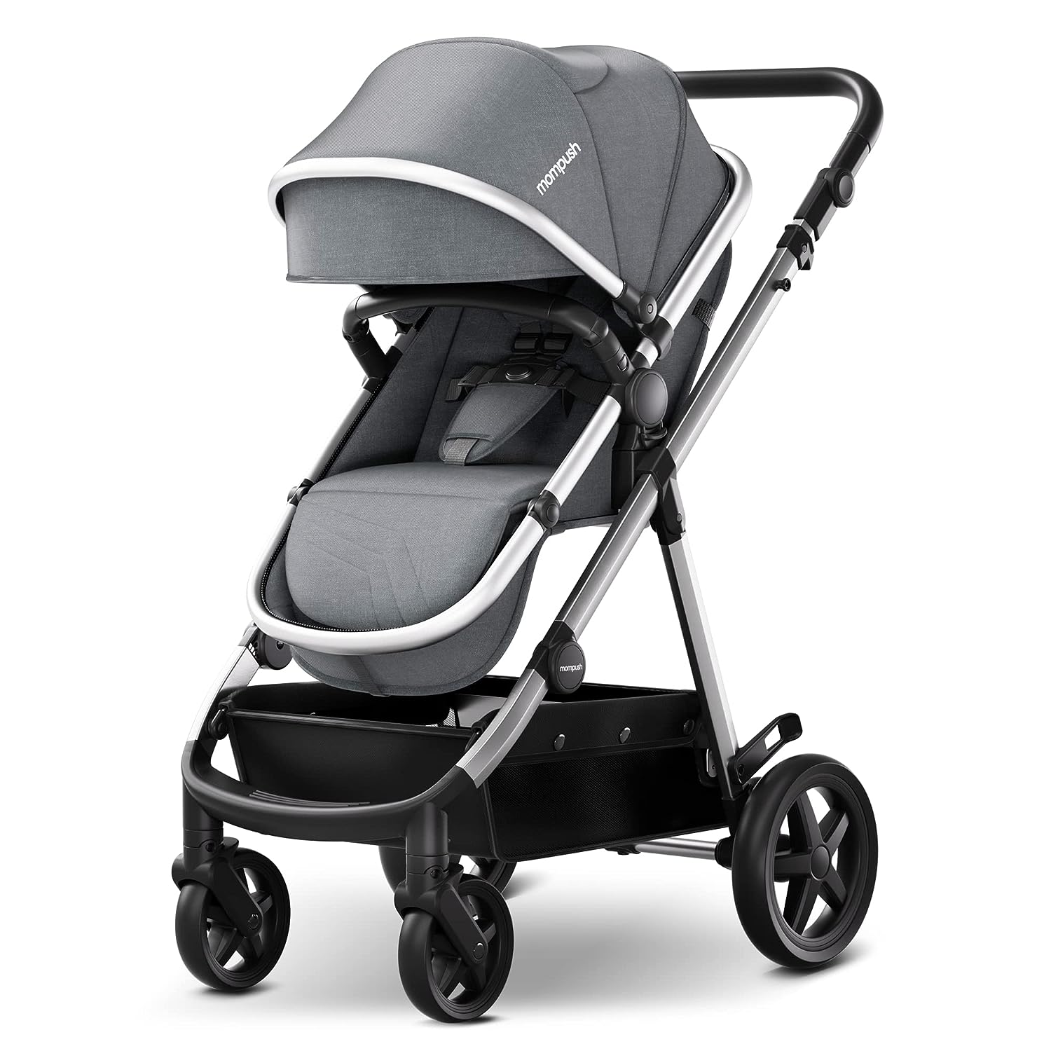 Poussette bébé Mompush Meteor 2 2-en-1 avec nacelle intégrée, compatible avec la plupart des sièges auto pour bébé, adaptateur inclus - Combinaison poussette-nacelle stable, poussette bébé de taille standard pour les sorties en famille
