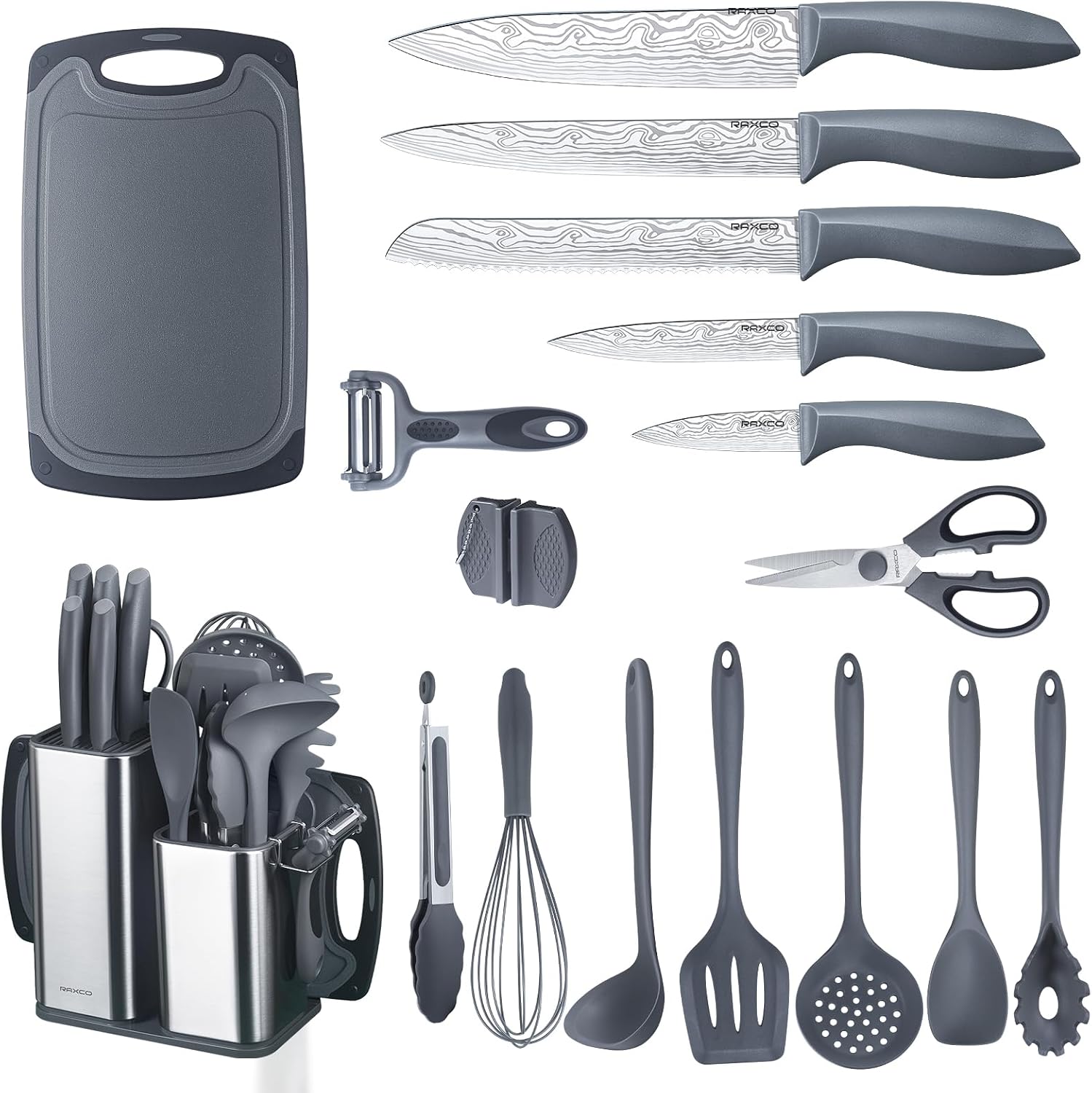 RAXCO Kitchen Utensils Set, 18-Piece Cooking Utensils and Knife Set, Black