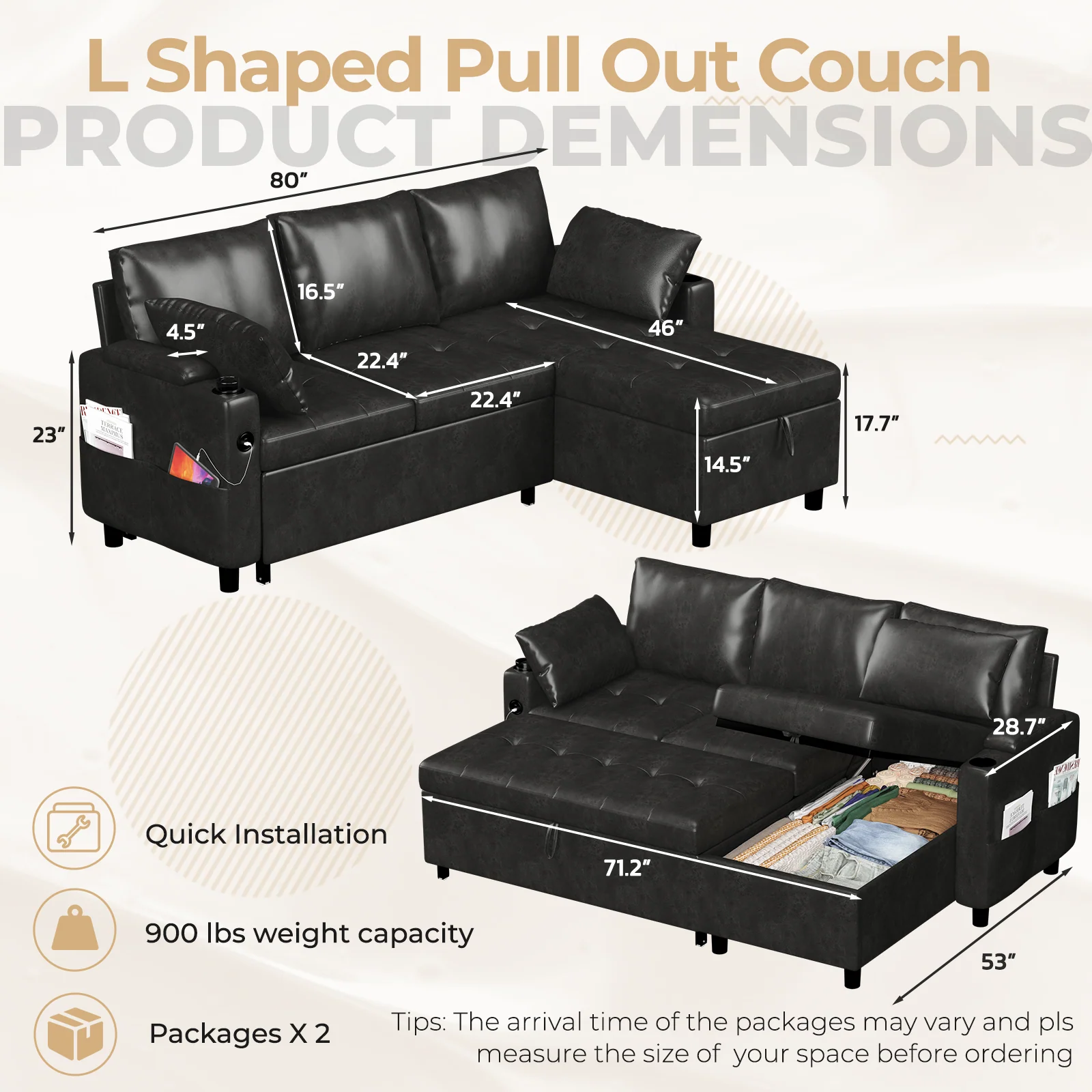 AECOJOY Sleeper Sofa Couch with Pullout Bed, Faux Leather, Black