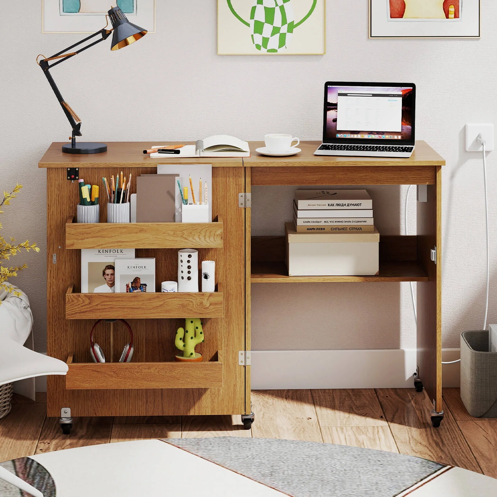 Folding Sewing Table Rolling Craft Station with 3 Storage Bins Charging Station Natural(Natural) - Image 4