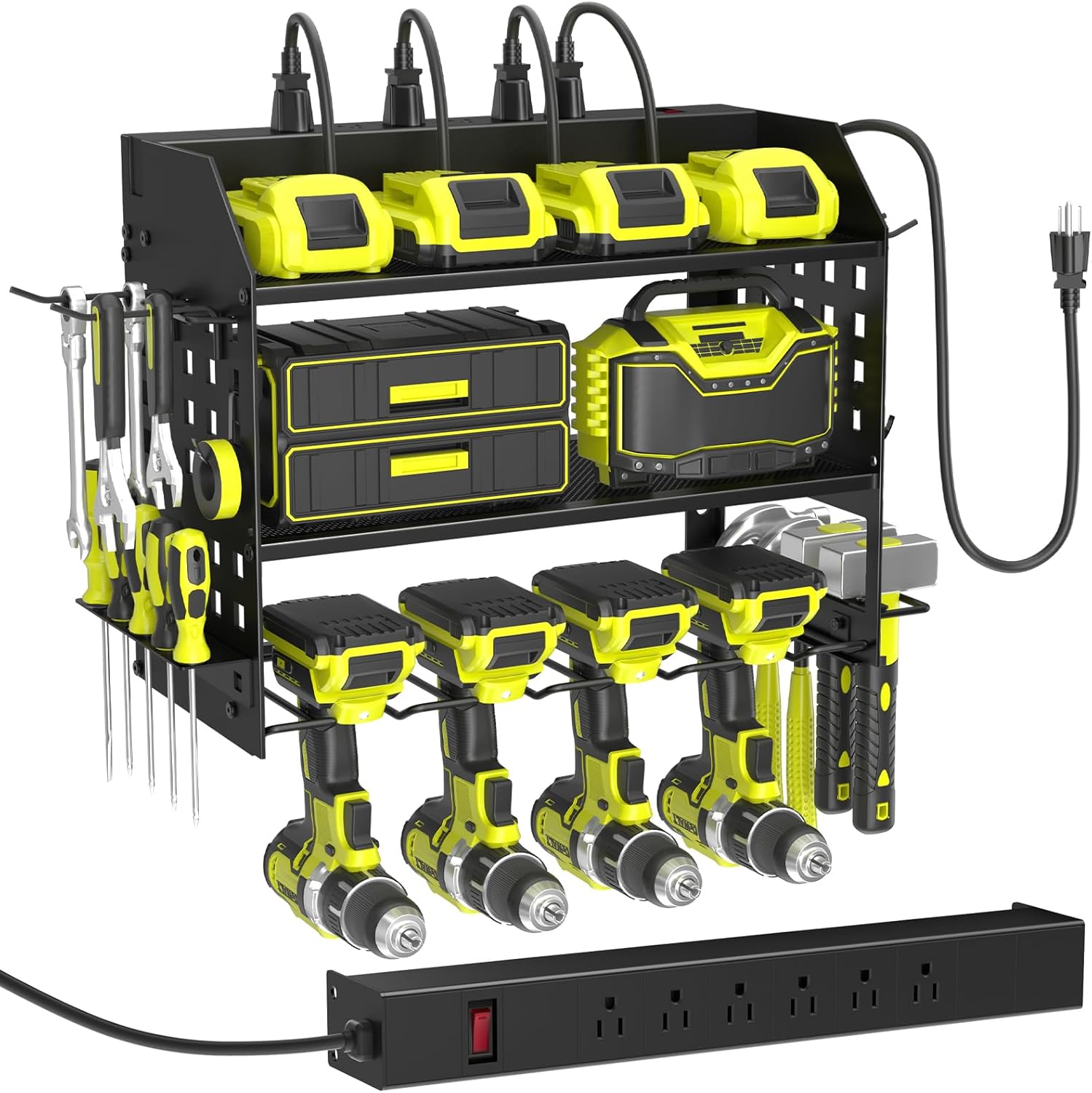 SUNALLY Power Tool Organizer Wall Mount with Charging Station, 3 Layer, Black