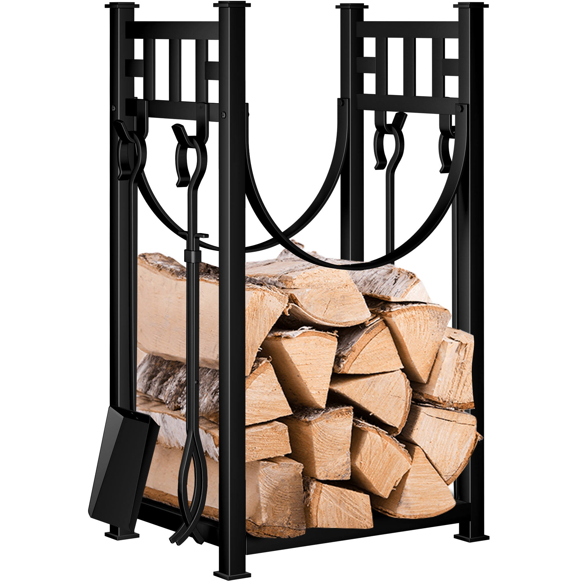 Amagabeli Garden & Home 31.6in Large Firewood Rack Fireplace Tools Set Wood Holder Indoor Log Rack with Tools Tall for Wood Stove Firepit Campfire